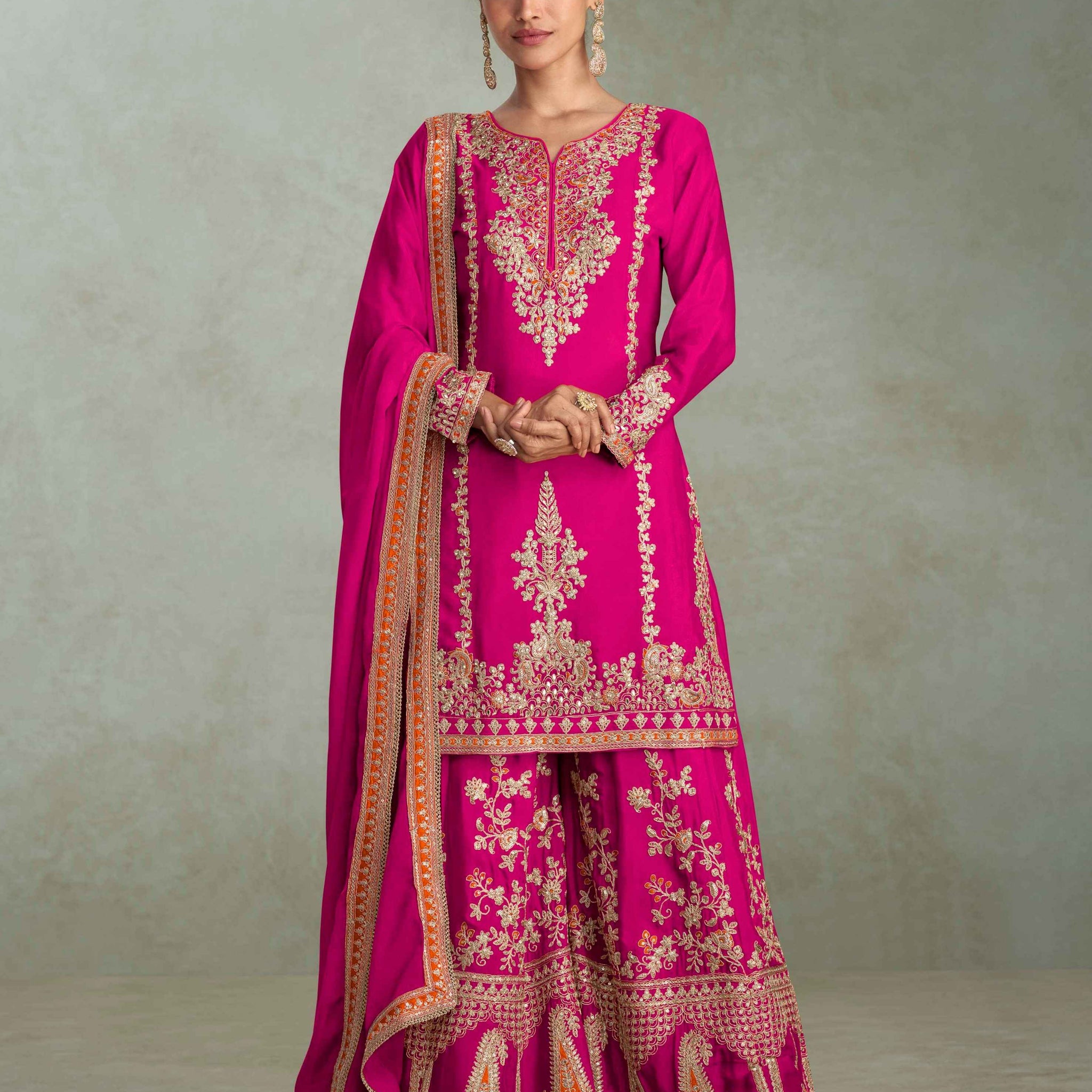 Rani Pink Real Chinon Embroidered Palazzo Suit