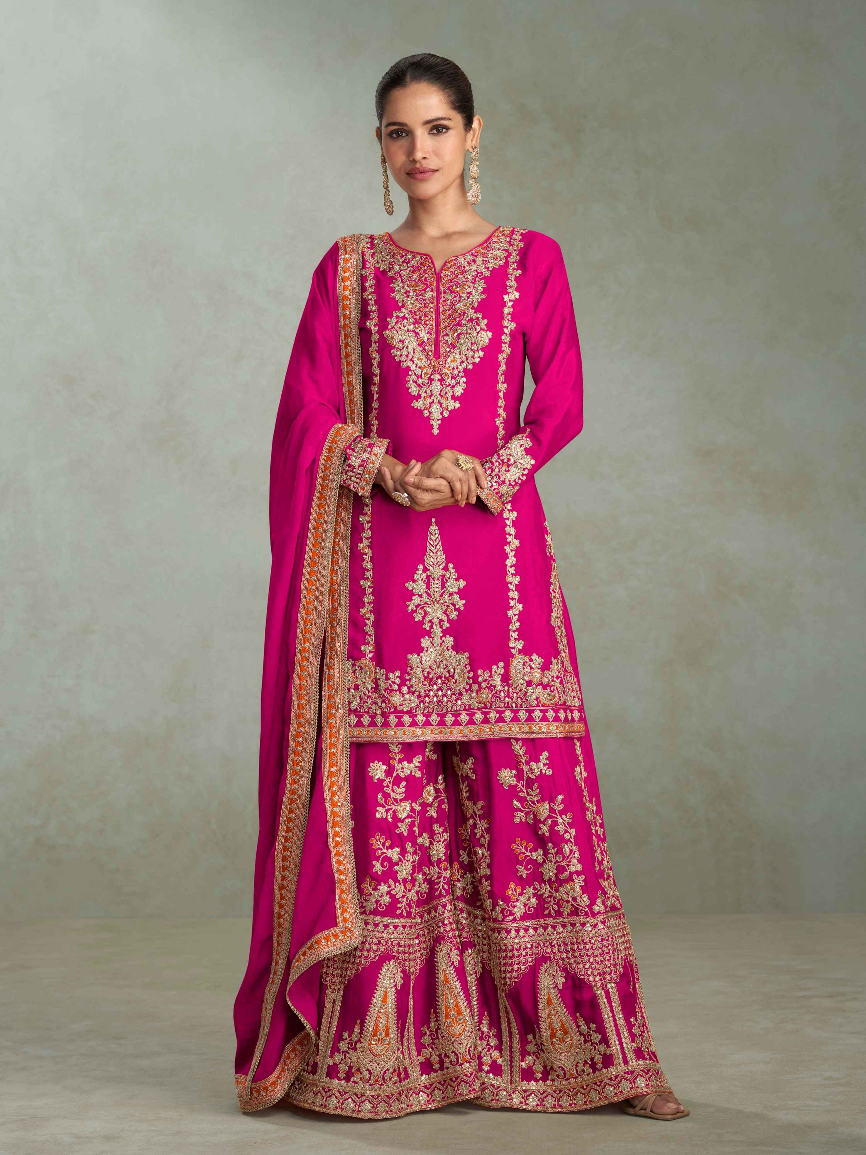 Rani Pink Real Chinon Embroidered Palazzo Suit