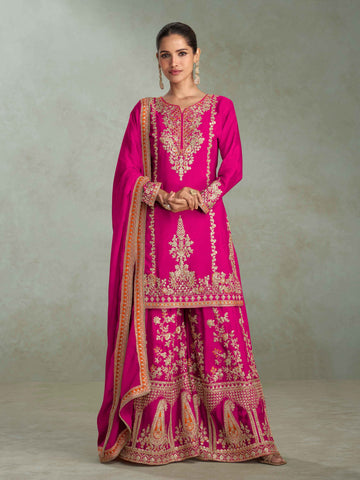 Rani Pink Real Chinon Embroidered Palazzo Suit