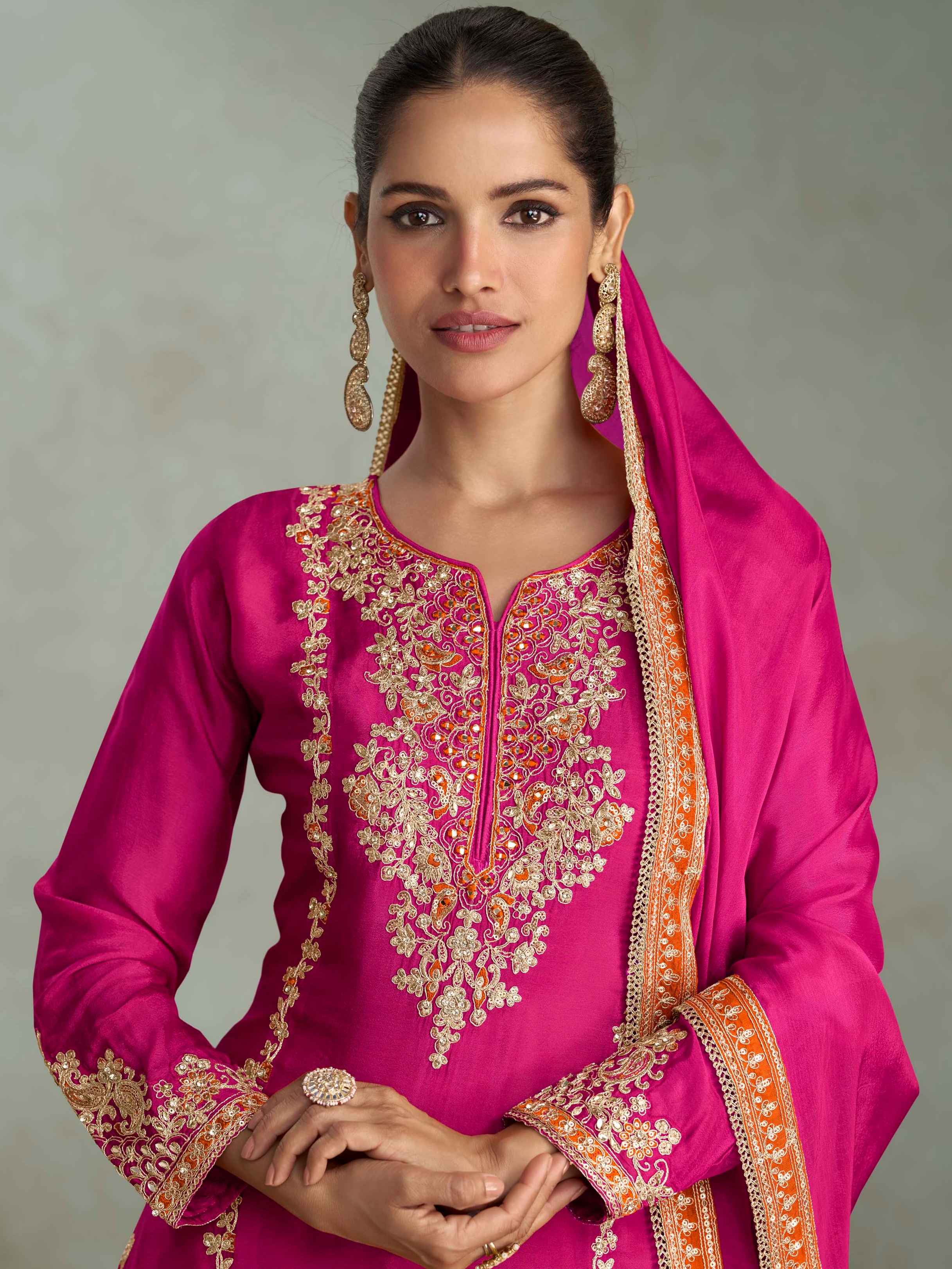 Rani Pink Real Chinon Embroidered Palazzo Suit