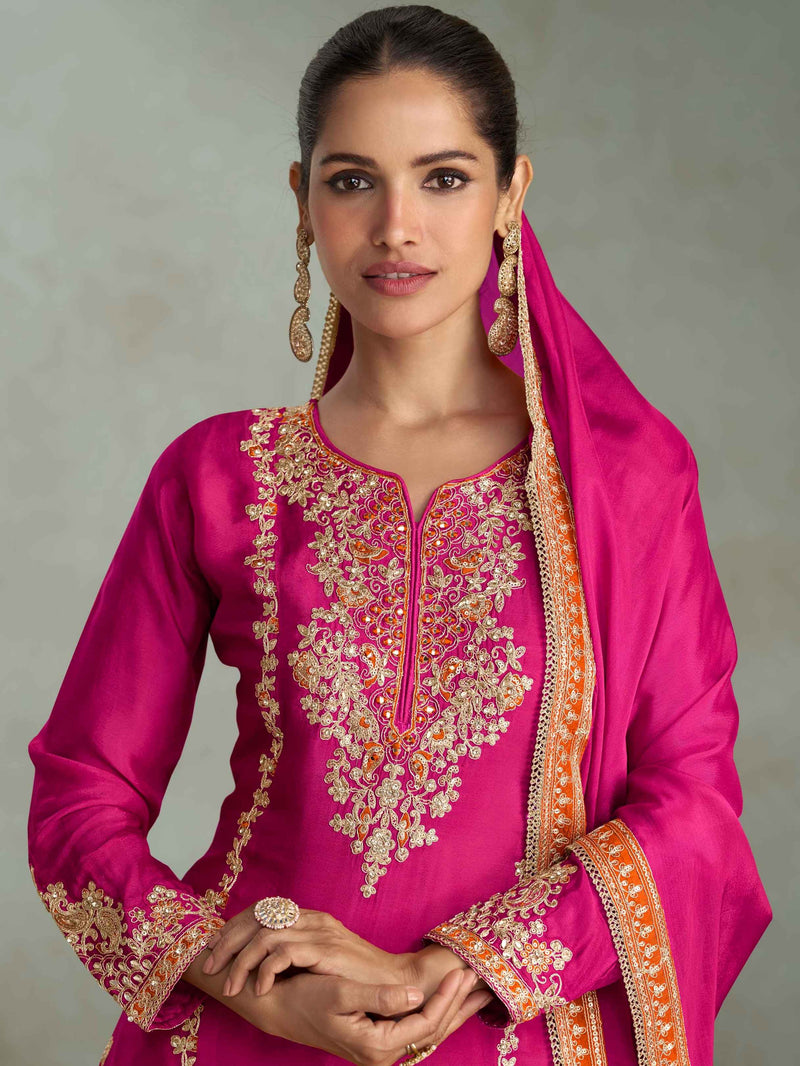 Rani Pink Real Chinon Embroidered Palazzo Suit