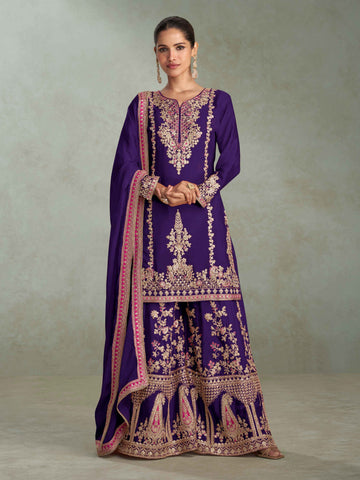 Royal Purple Real Chinon Embroidery Palazzo Suit