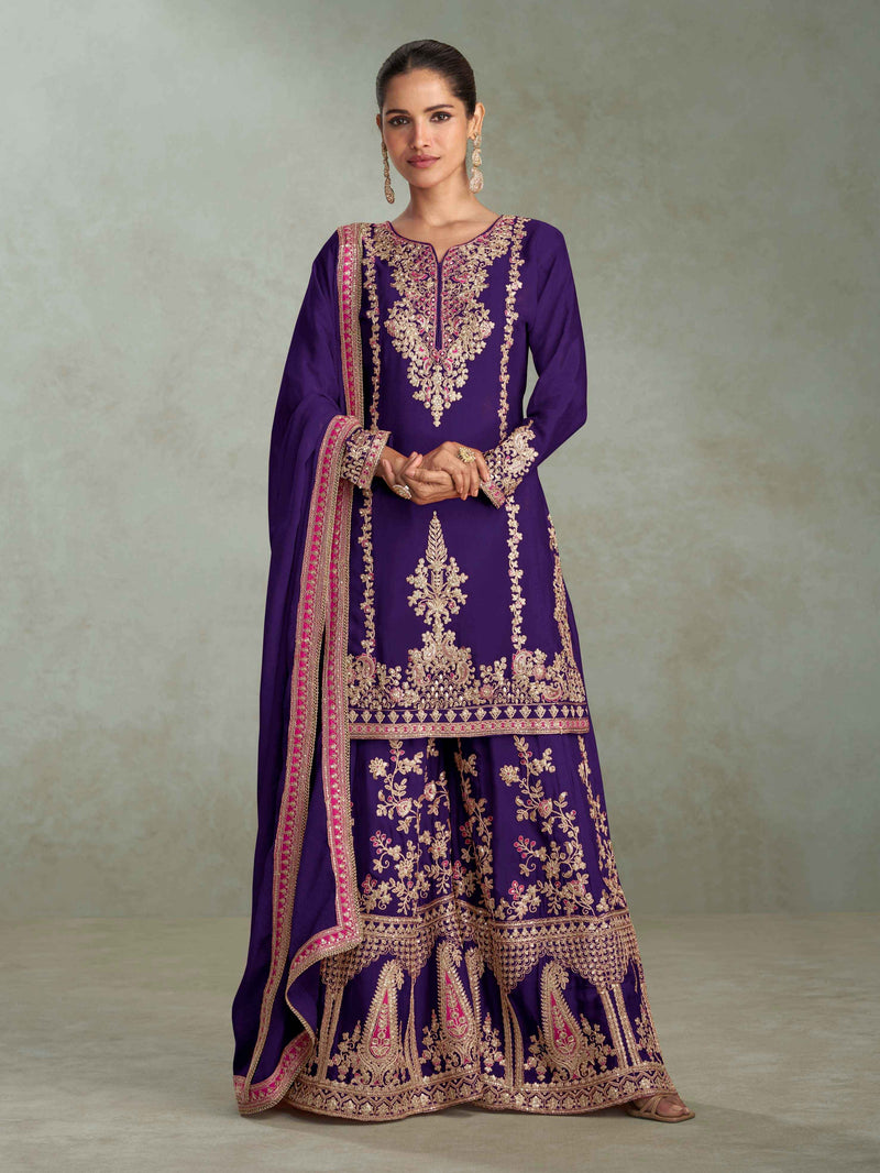 Royal Purple Real Chinon Embroidery Palazzo Suit