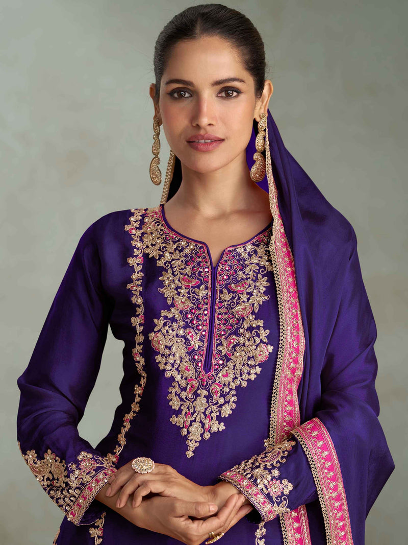 Royal Purple Real Chinon Embroidery Palazzo Suit