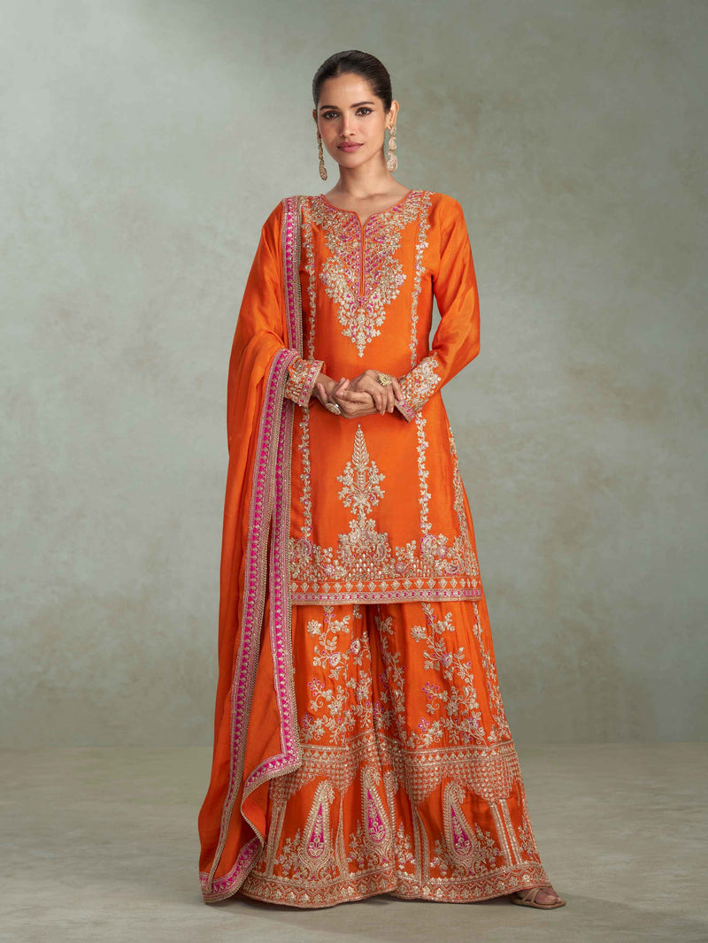Orange Real Chinon Embroidered Palazzo Suit