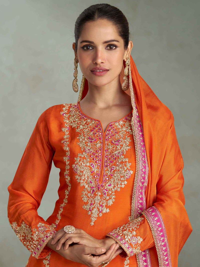 Orange Real Chinon Embroidered Palazzo Suit