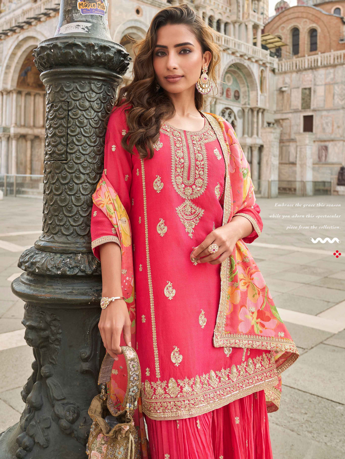 Rose Pink Embroidered Silk Sharara Set with Floral Chinon Dupatta Sharara Set Anant Tex Exports Pvt.Ltd..