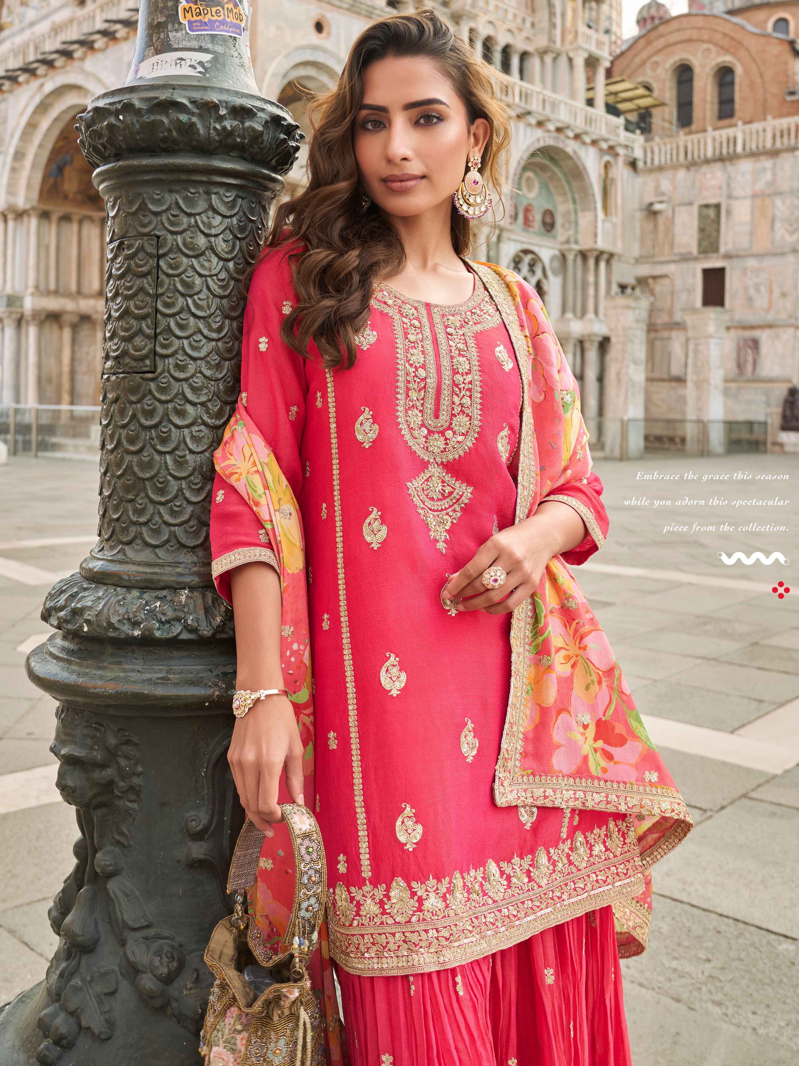Rose Pink Embroidered Silk Sharara Set with Floral Chinon Dupatta