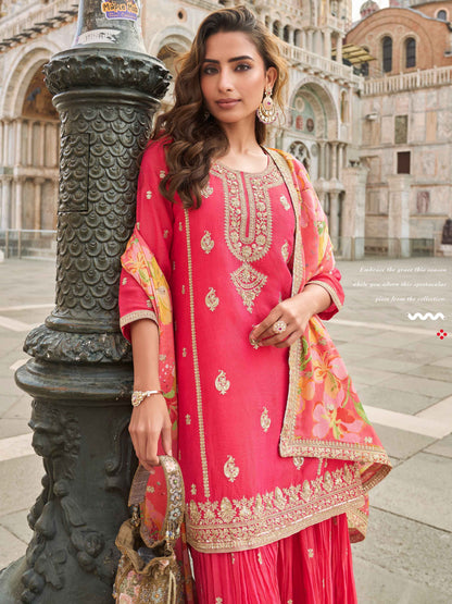 Rose Pink Embroidered Silk Sharara Set with Floral Chinon Dupatta Sharara Set Anant Tex Exports Pvt.Ltd..