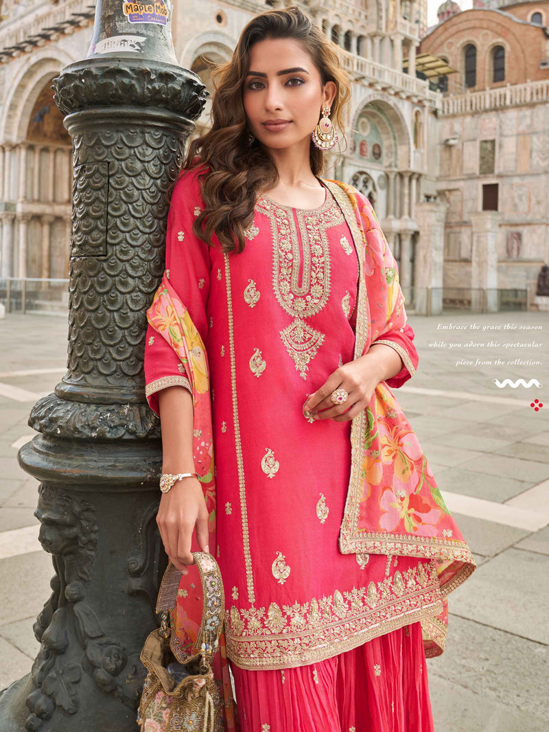 Rose Pink Embroidered Silk Sharara Set with Floral Chinon Dupatta