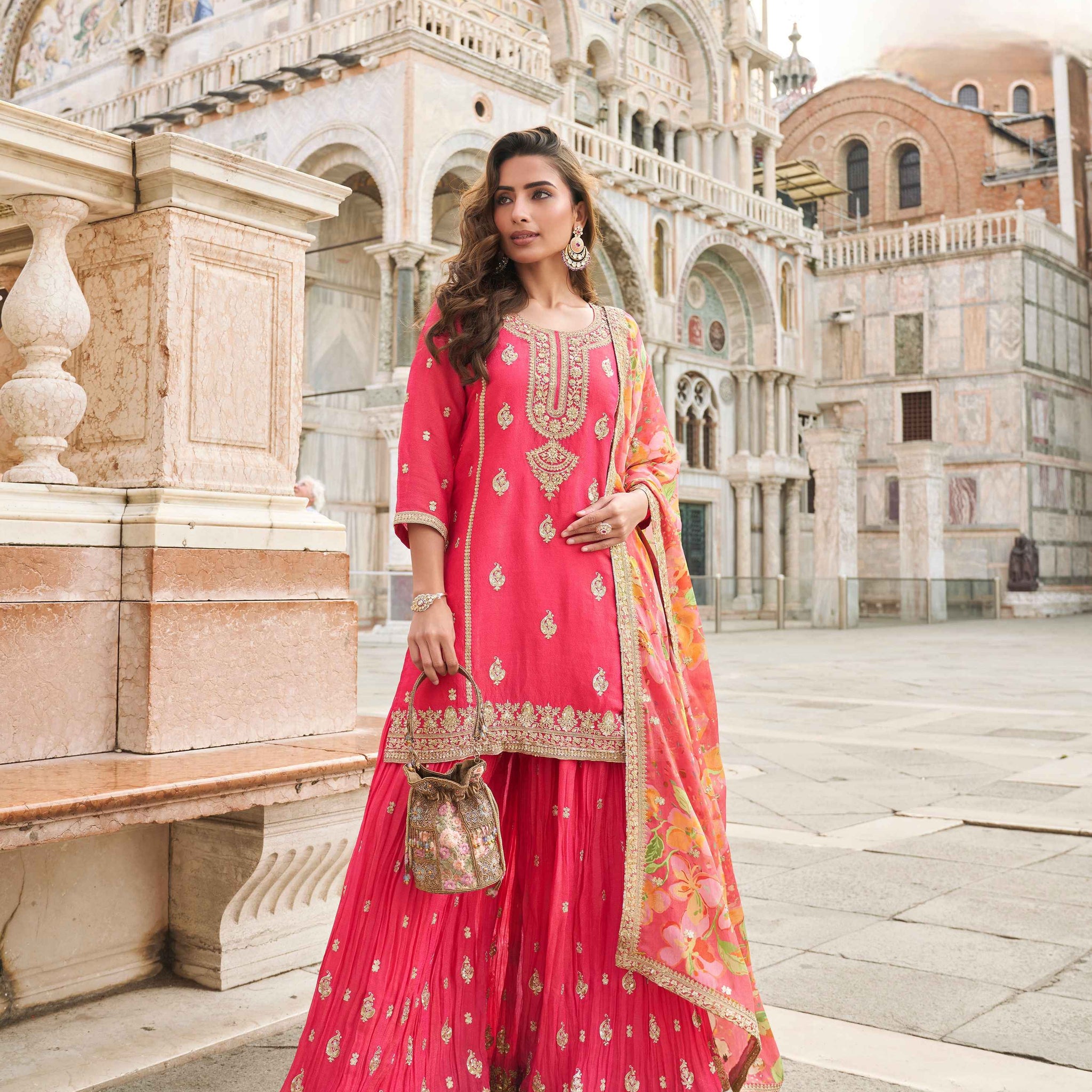 Rose Pink Embroidered Silk Sharara Set with Floral Chinon Dupatta