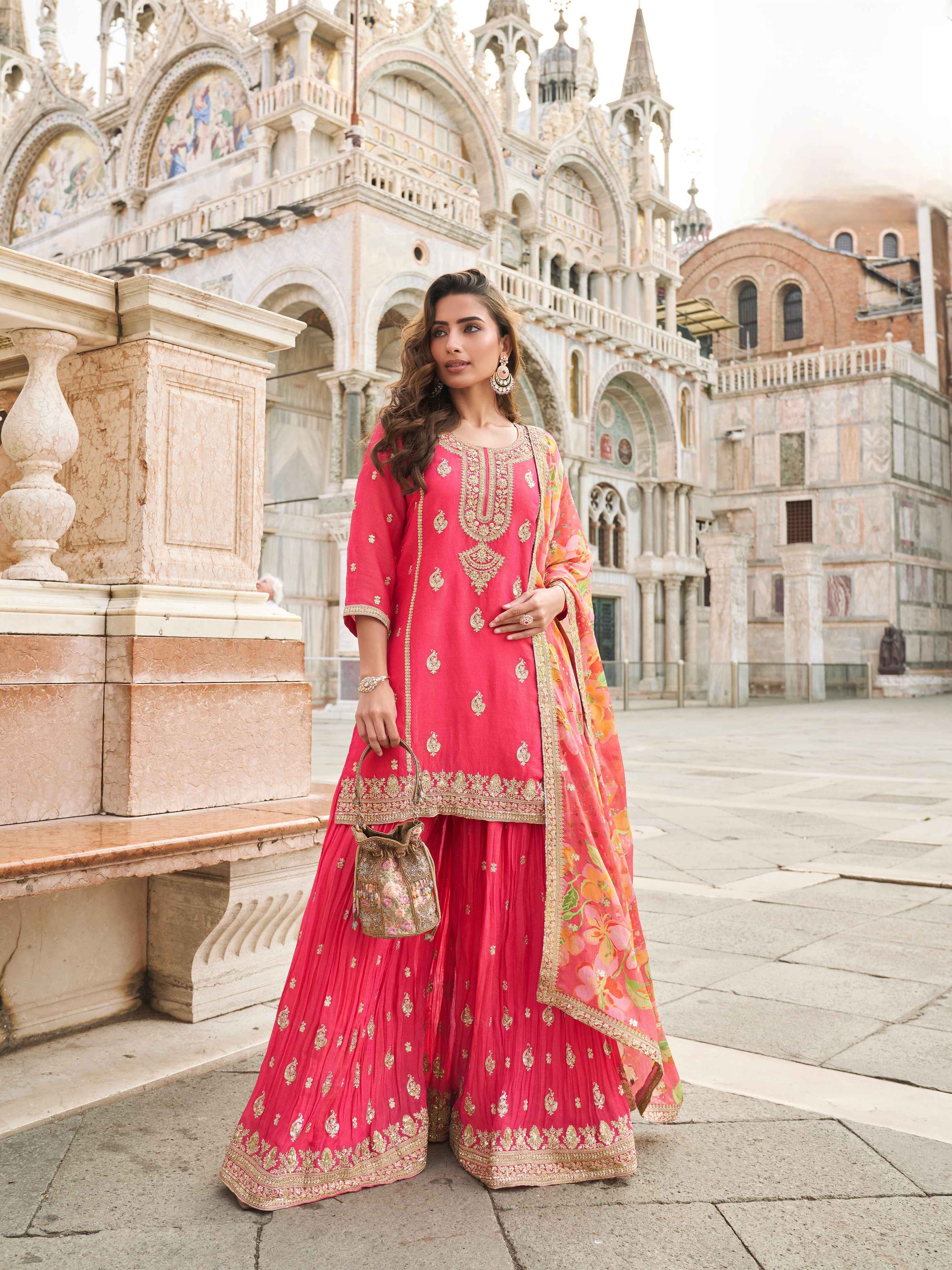 Rose Pink Embroidered Silk Sharara Set with Floral Chinon Dupatta