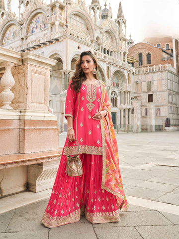 Rose Pink Embroidered Silk Sharara Set with Floral Chinon Dupatta
