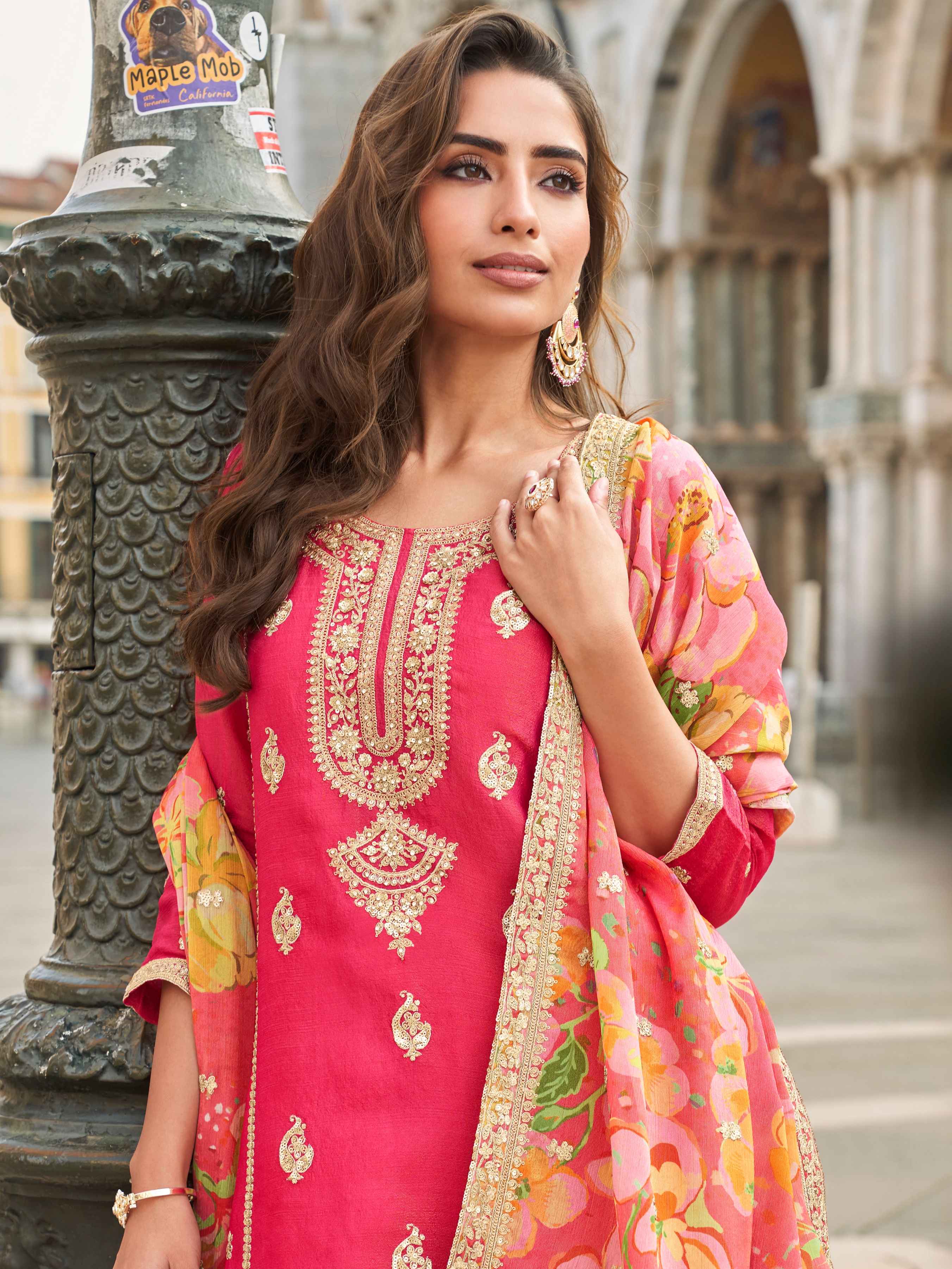 Rose Pink Embroidered Silk Sharara Set with Floral Chinon Dupatta
