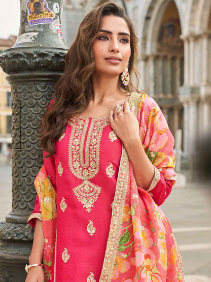 Rose Pink Embroidered Silk Sharara Set with Floral Chinon Dupatta Sharara Set Anant Tex Exports Pvt.Ltd..