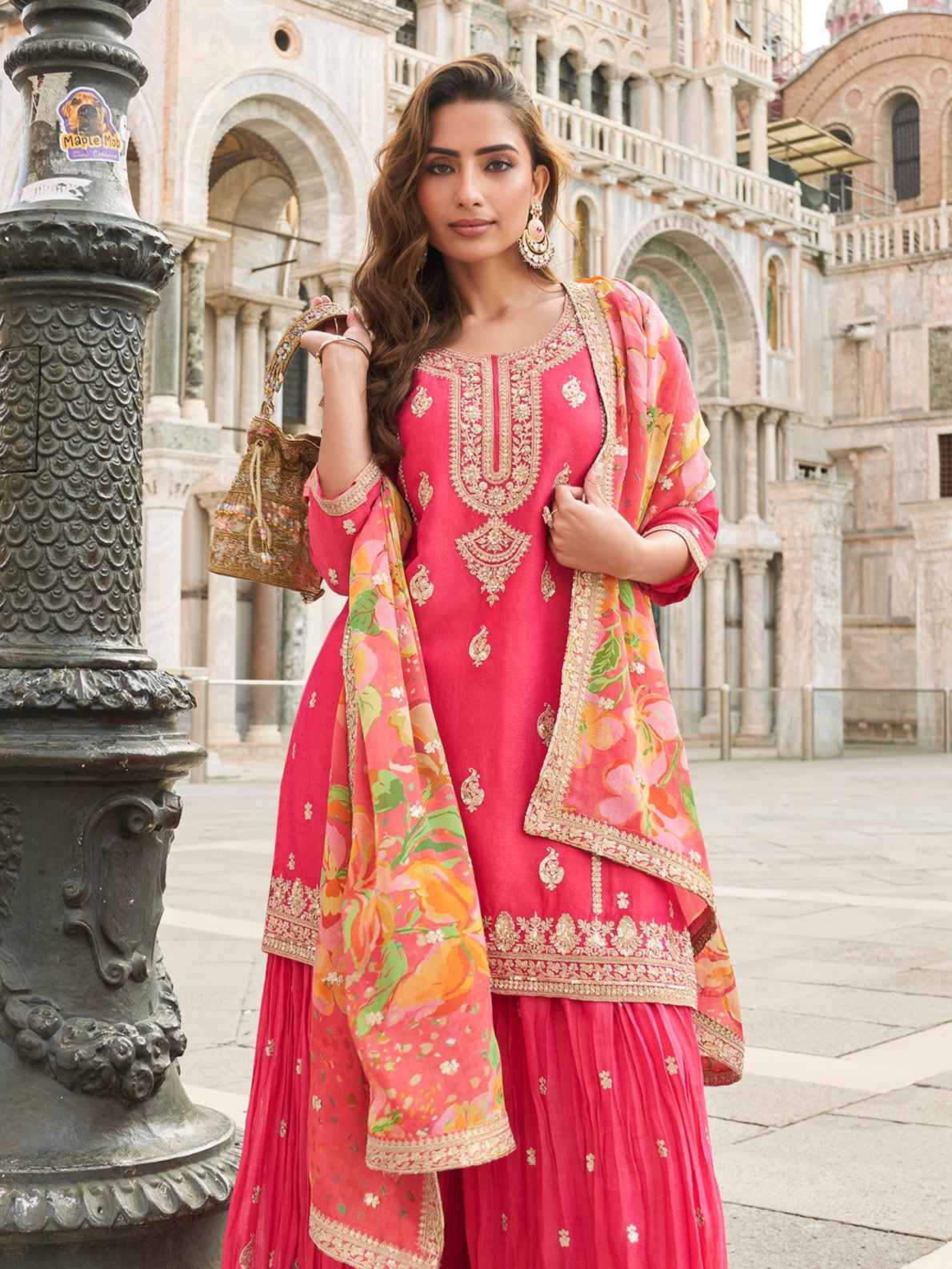 Rose Pink Embroidered Silk Sharara Set with Floral Chinon Dupatta