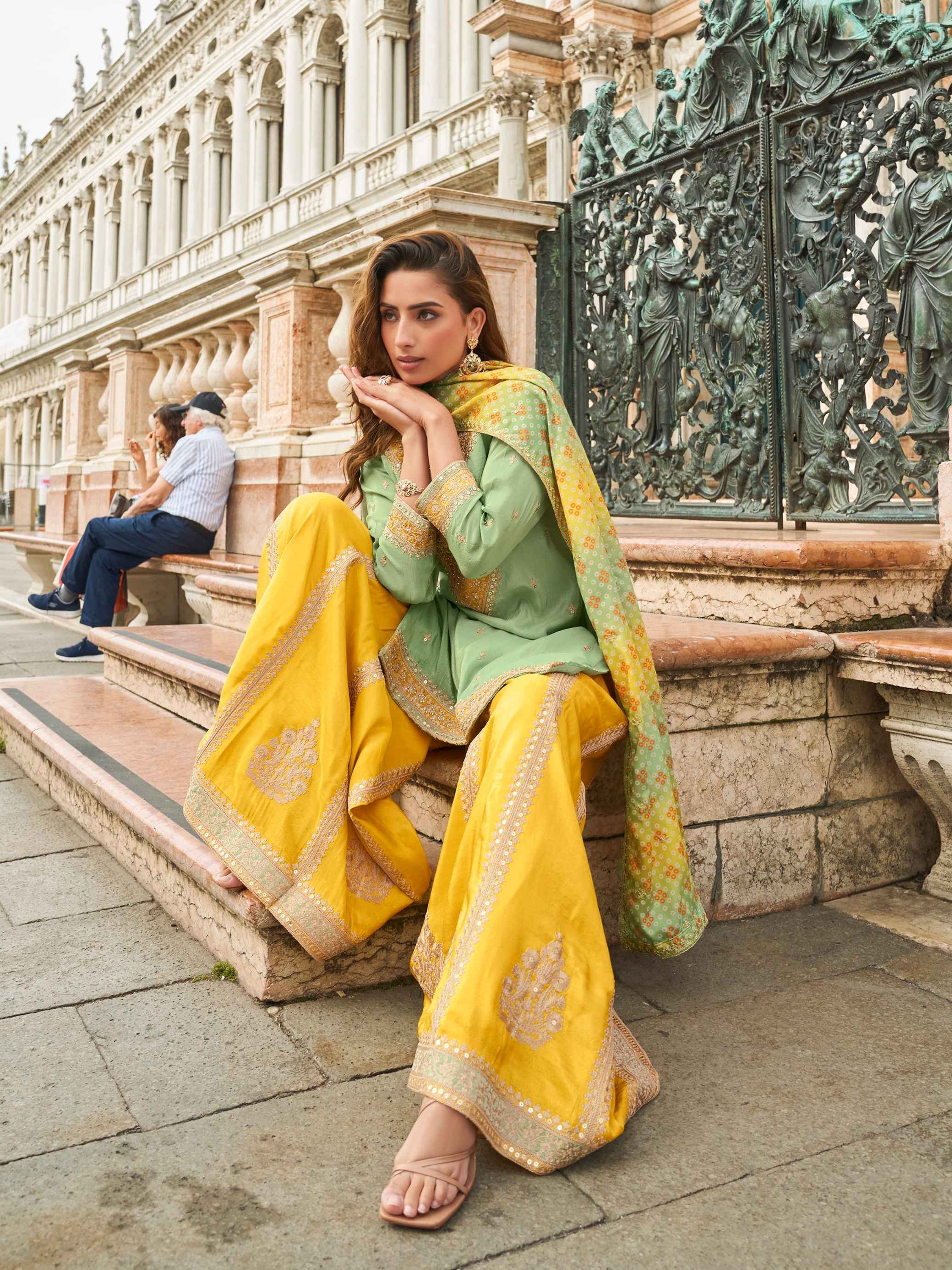 Mint Green & Yellow Embroidered Sharara Suit with Printed Dupatta