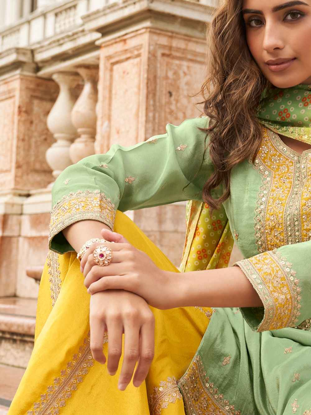 Mint Green &amp; Yellow Embroidered Sharara Suit with Printed Dupatta Sharara Set Anant Tex Exports Pvt.Ltd..