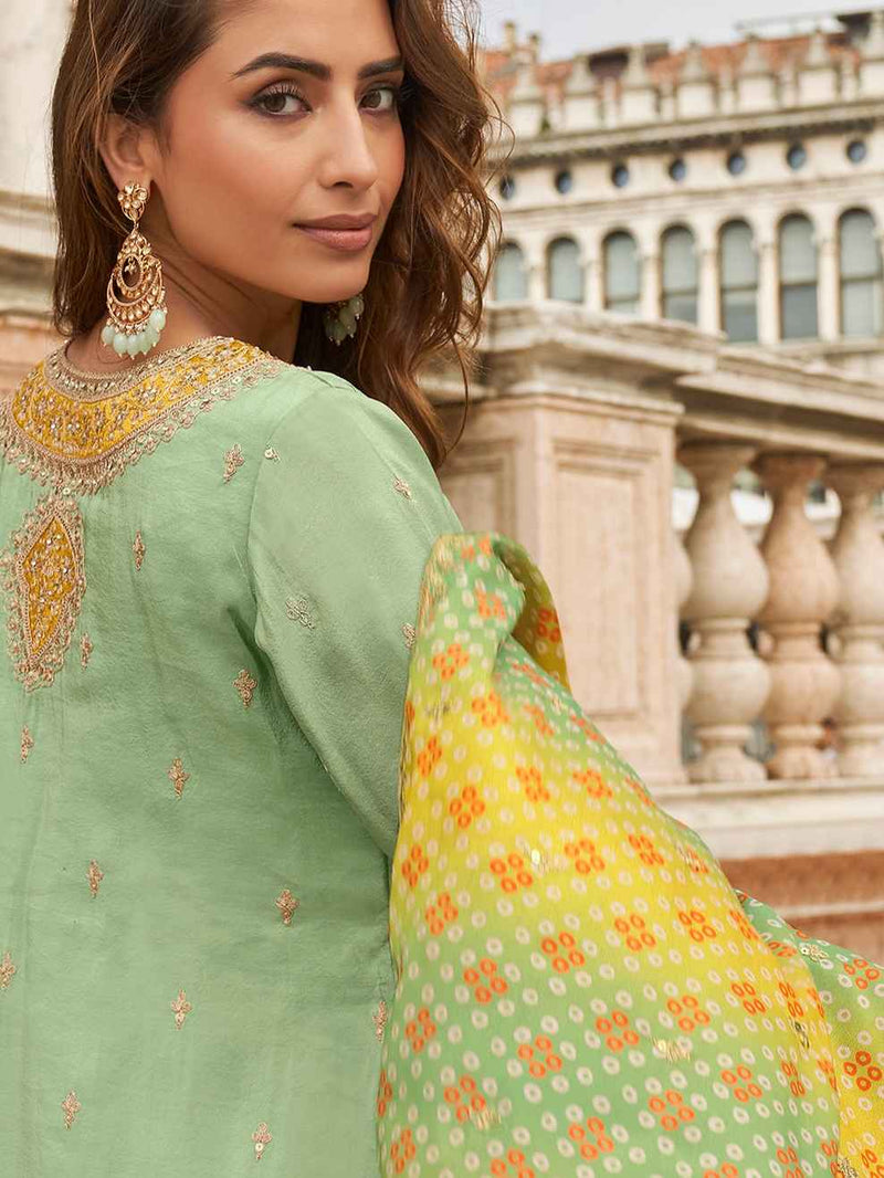 Mint Green & Yellow Embroidered Sharara Suit with Printed Dupatta