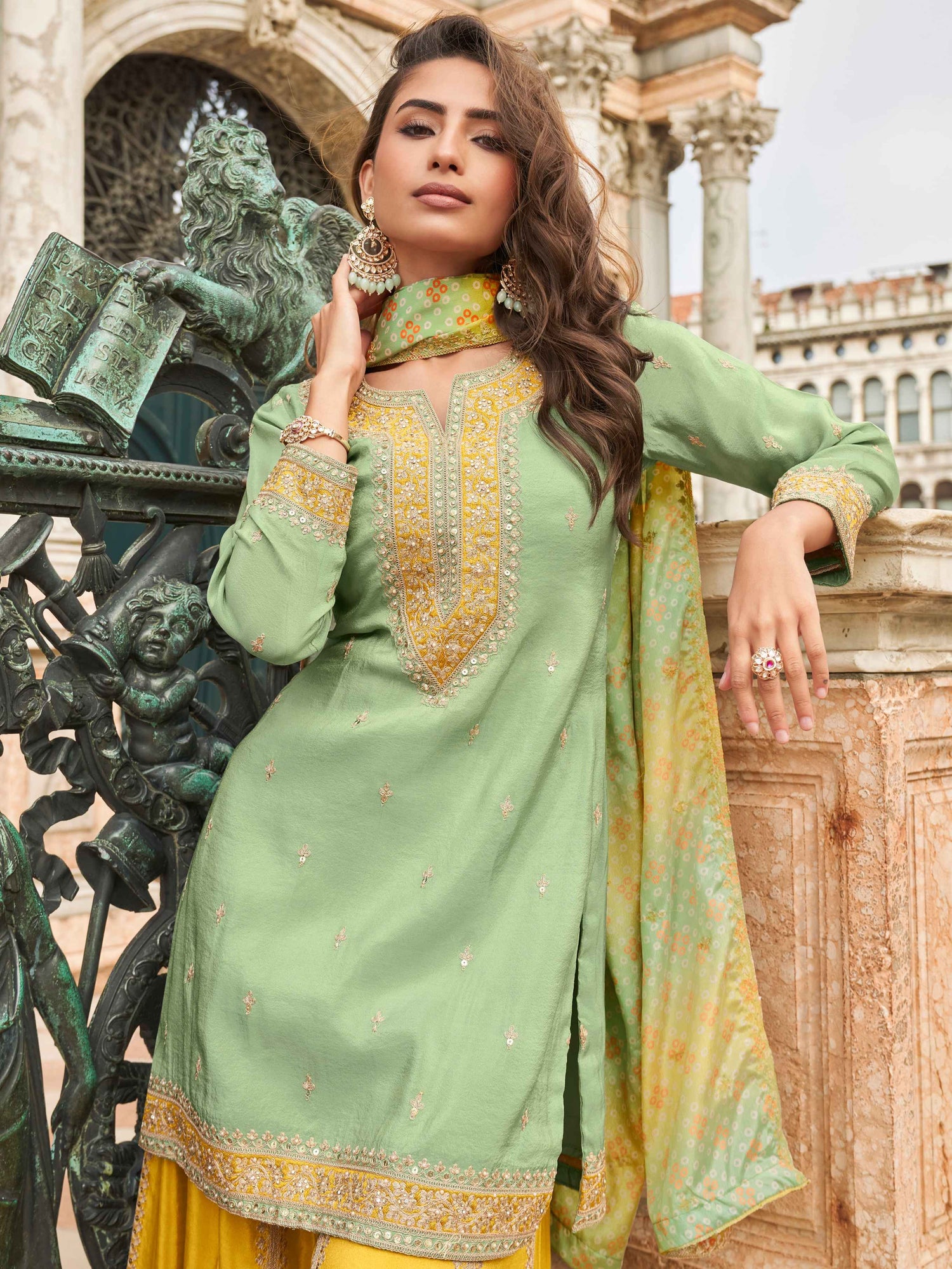 Mint Green &amp; Yellow Embroidered Sharara Suit with Printed Dupatta Sharara Set Anant Tex Exports Pvt.Ltd..