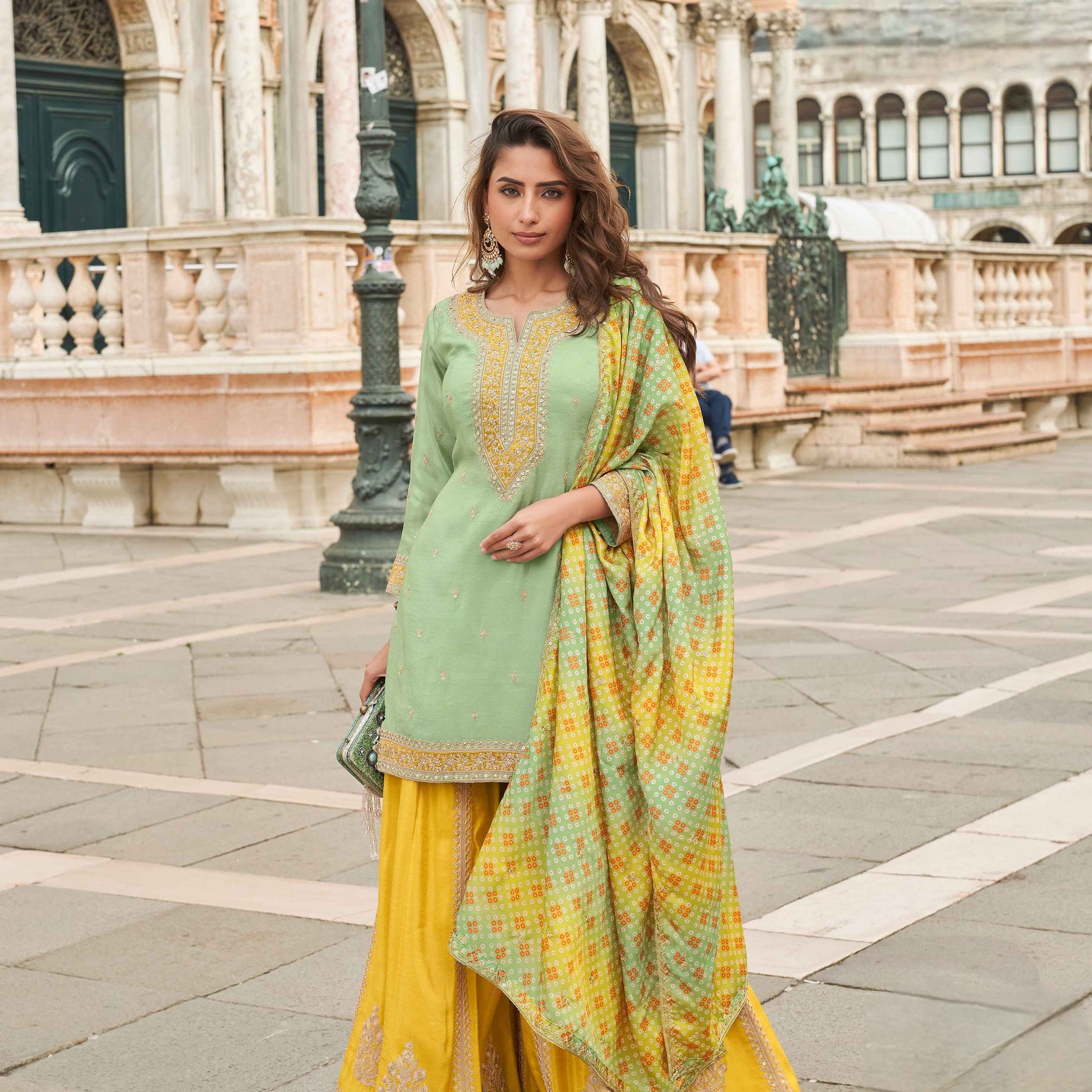 Mint Green & Yellow Embroidered Sharara Suit with Printed Dupatta