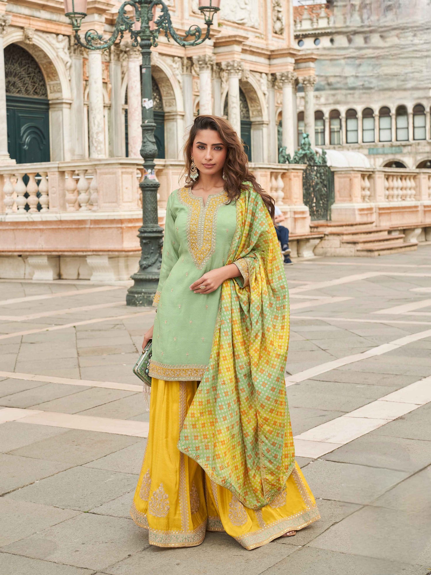 Mint Green &amp; Yellow Embroidered Sharara Suit with Printed Dupatta Sharara Set Anant Tex Exports Pvt.Ltd..