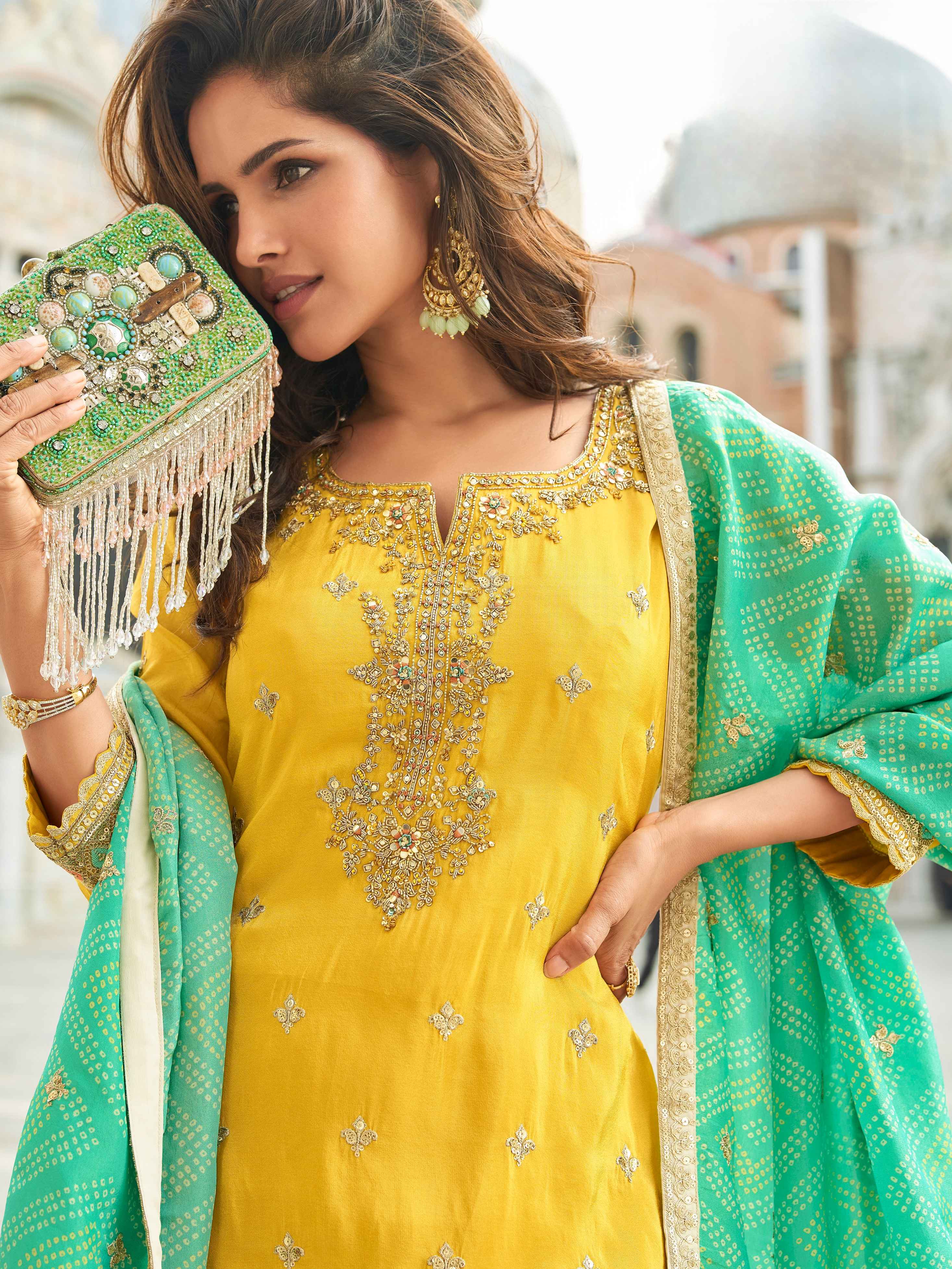 Yellow Embroidered Sharara Set with Contrast Green Dupatta