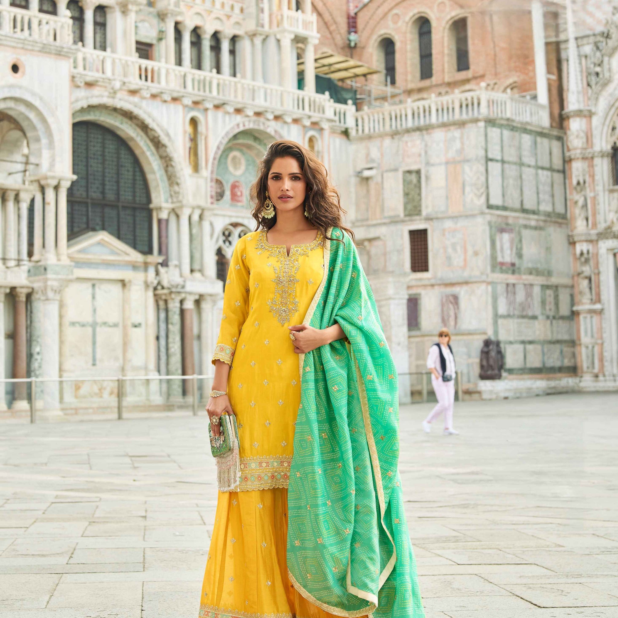 Yellow Embroidered Sharara Set with Contrast Green Dupatta