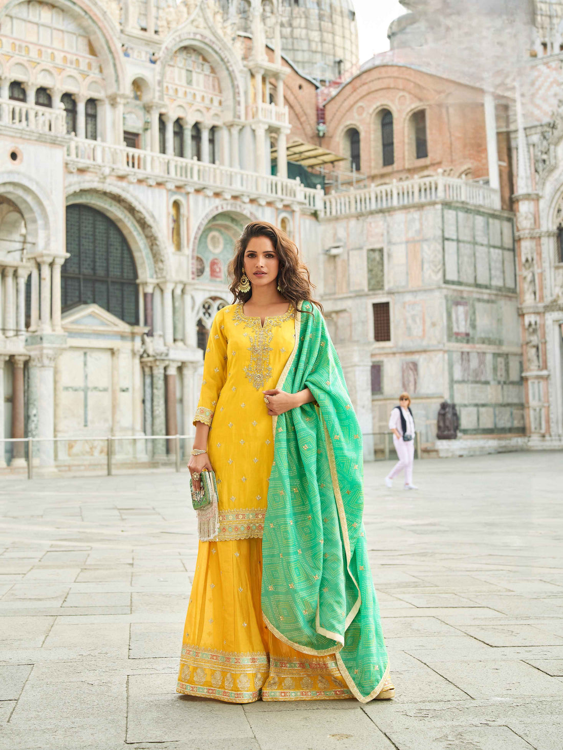Yellow Embroidered Sharara Set with Contrast Green Dupatta Sharara Set Anant Tex Exports Pvt.Ltd..