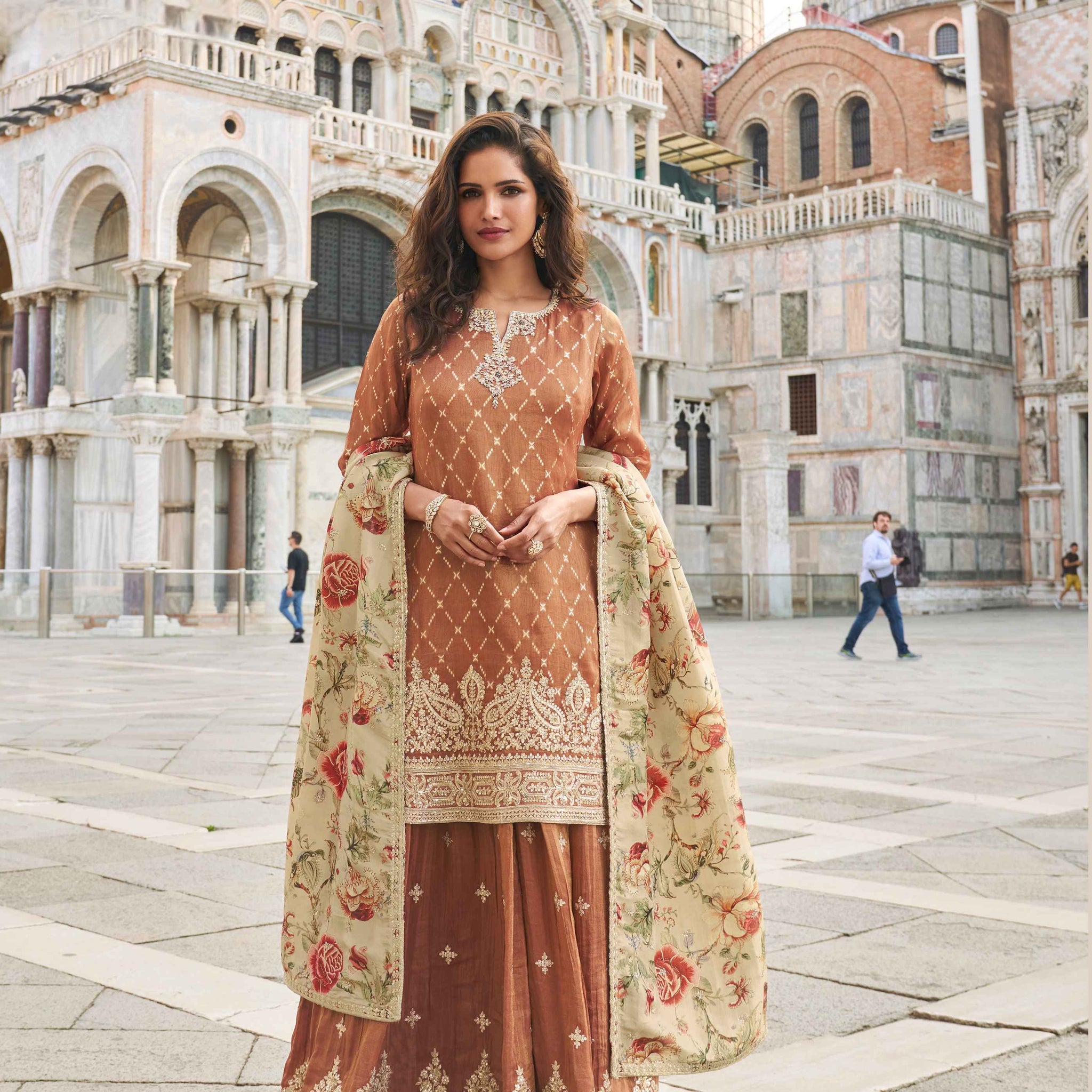Brown Embroidered Silk Sharara Suit with Floral Printed Dupatta
