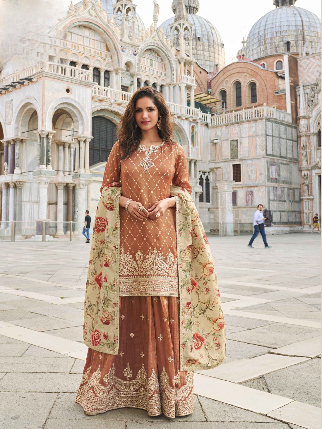 Brown Embroidered Silk Sharara Suit with Floral Printed Dupatta Sharara Set Anant Tex Exports Pvt.Ltd..