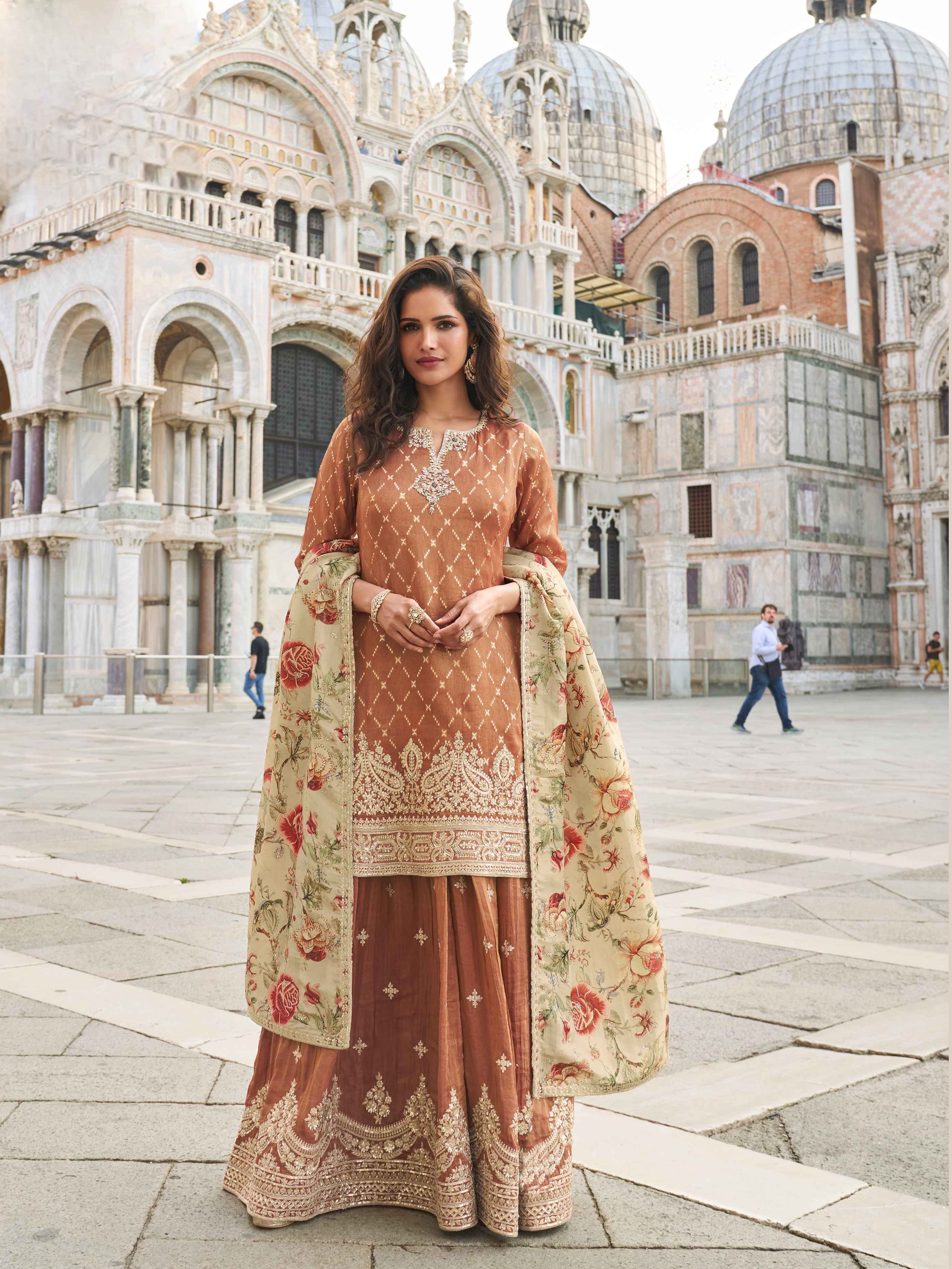 Brown Embroidered Silk Sharara Suit with Floral Printed Dupatta