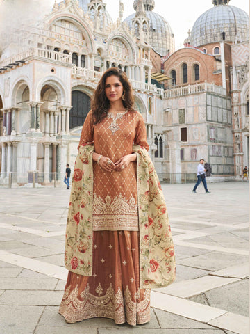 Brown Embroidered Silk Sharara Suit with Floral Printed Dupatta