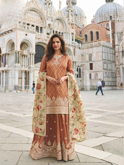 Brown Embroidered Silk Sharara Suit with Floral Printed Dupatta Sharara Set Anant Tex Exports Pvt.Ltd..