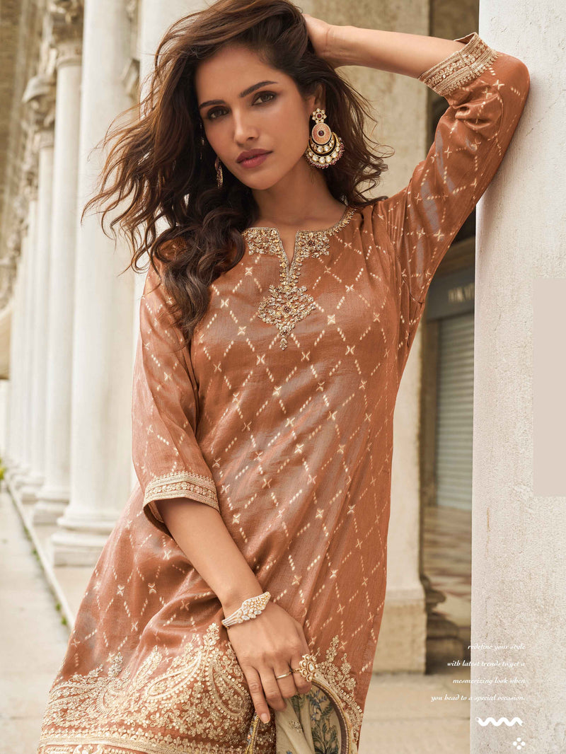 Brown Embroidered Silk Sharara Suit with Floral Printed Dupatta