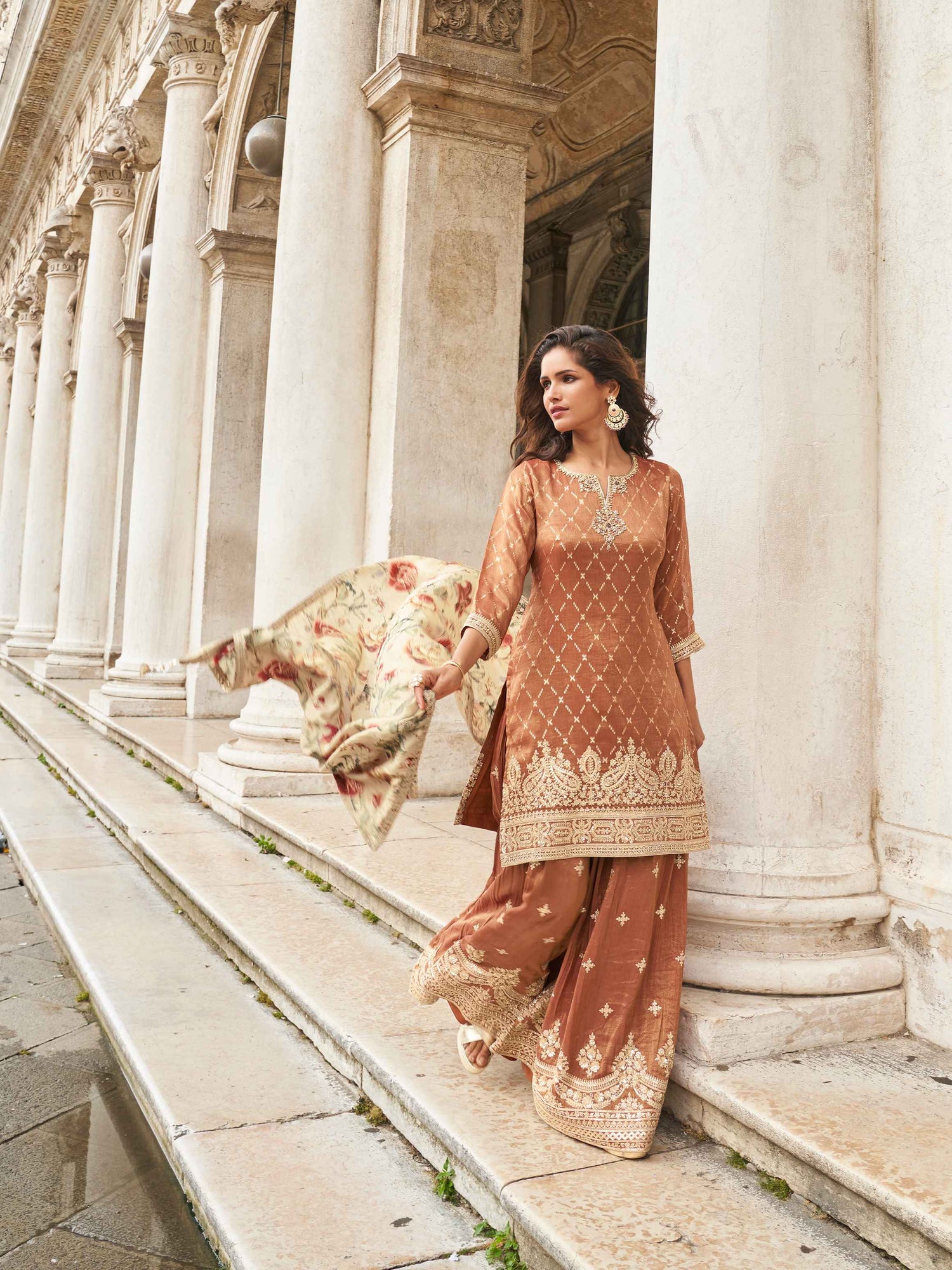 Brown Embroidered Silk Sharara Suit with Floral Printed Dupatta Sharara Set Anant Tex Exports Pvt.Ltd..