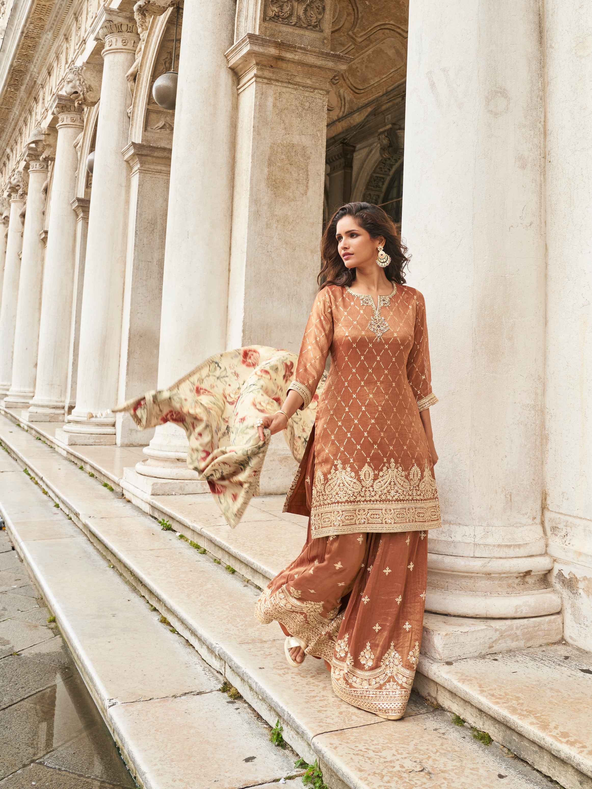 Brown Embroidered Silk Sharara Suit with Floral Printed Dupatta