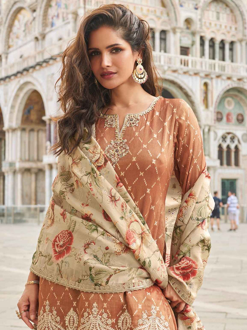 Brown Embroidered Silk Sharara Suit with Floral Printed Dupatta