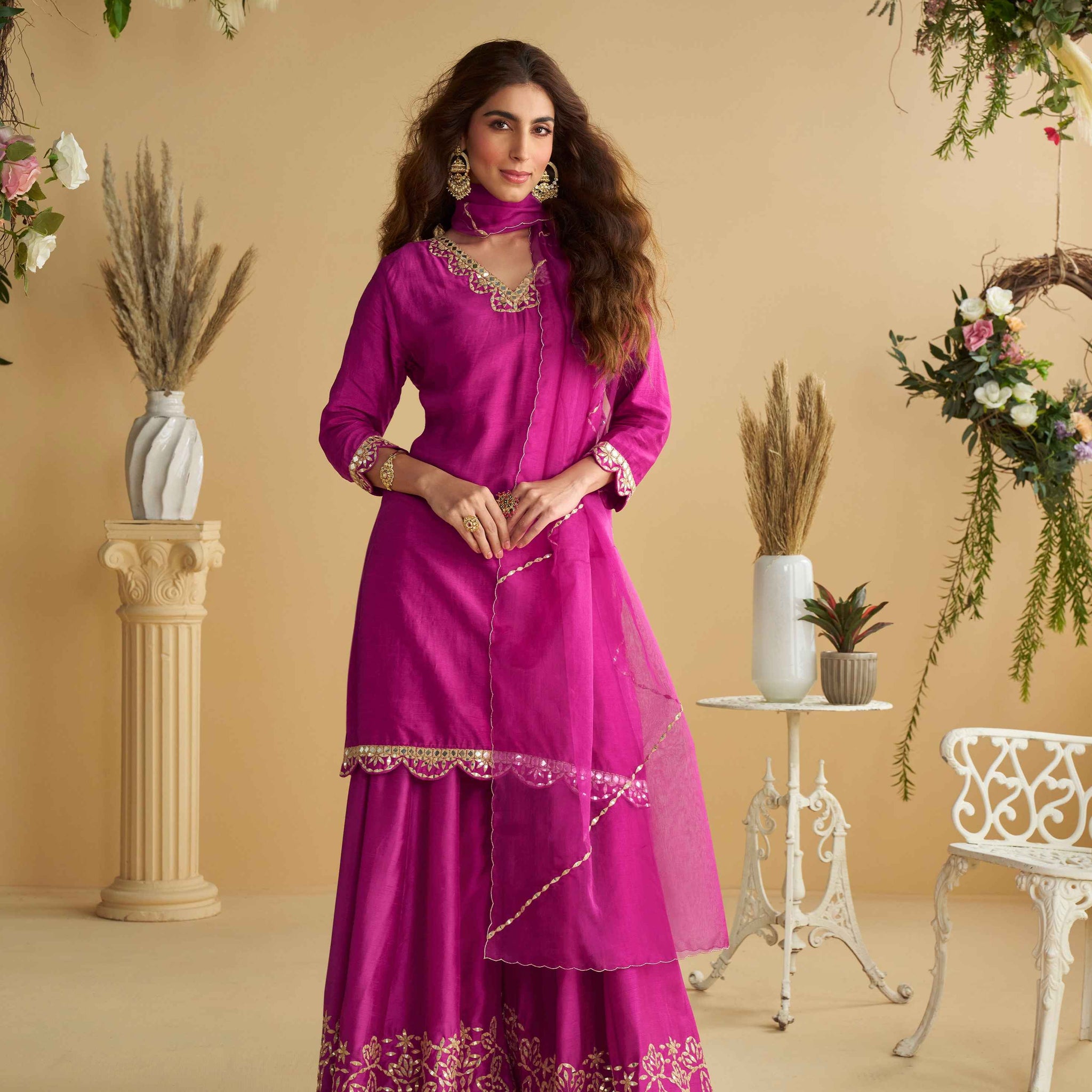 Magenta Mirror Work Palazzo Suit with Embroidered Dupatta