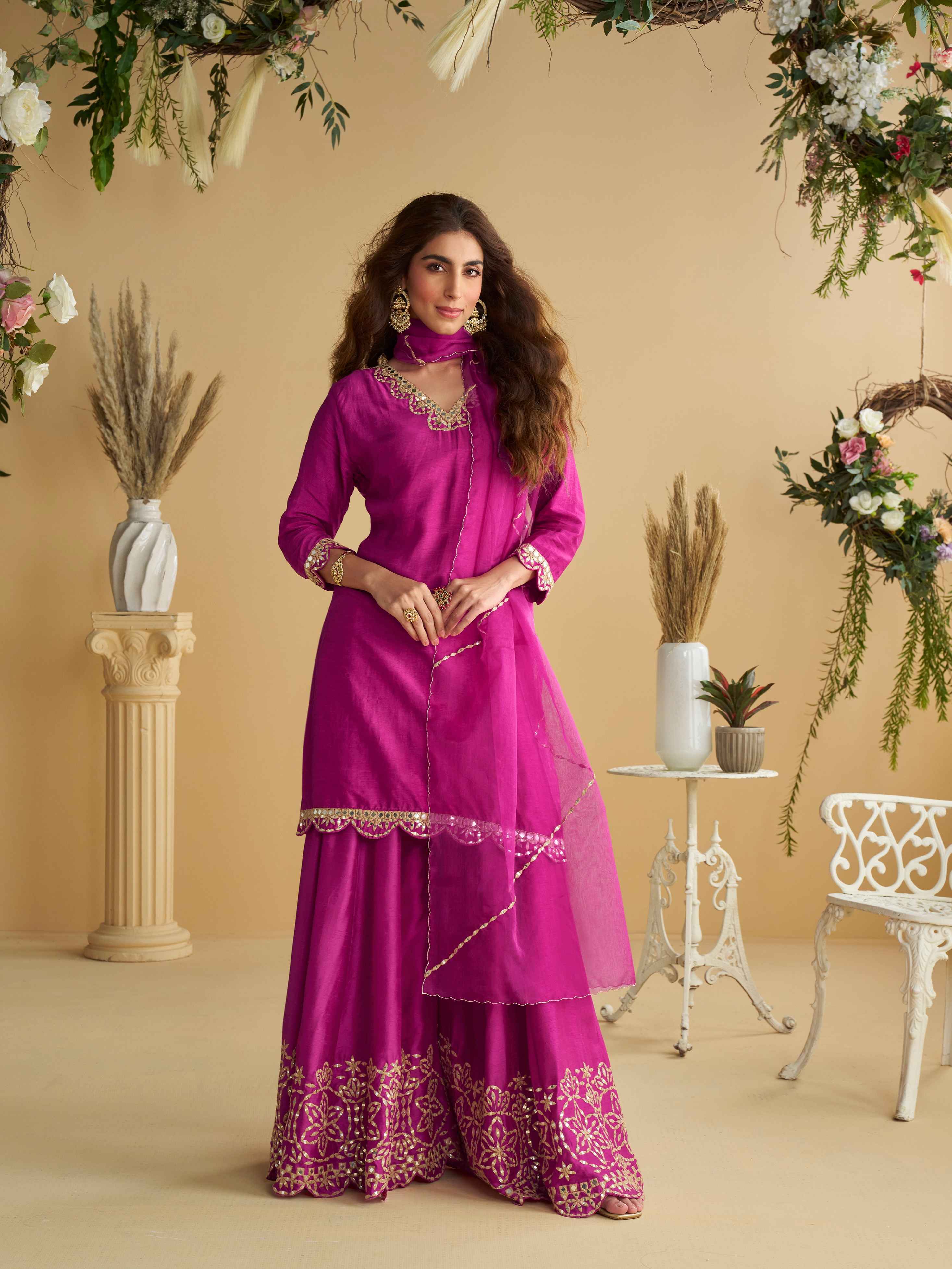 Magenta Mirror Work Palazzo Suit with Embroidered Dupatta