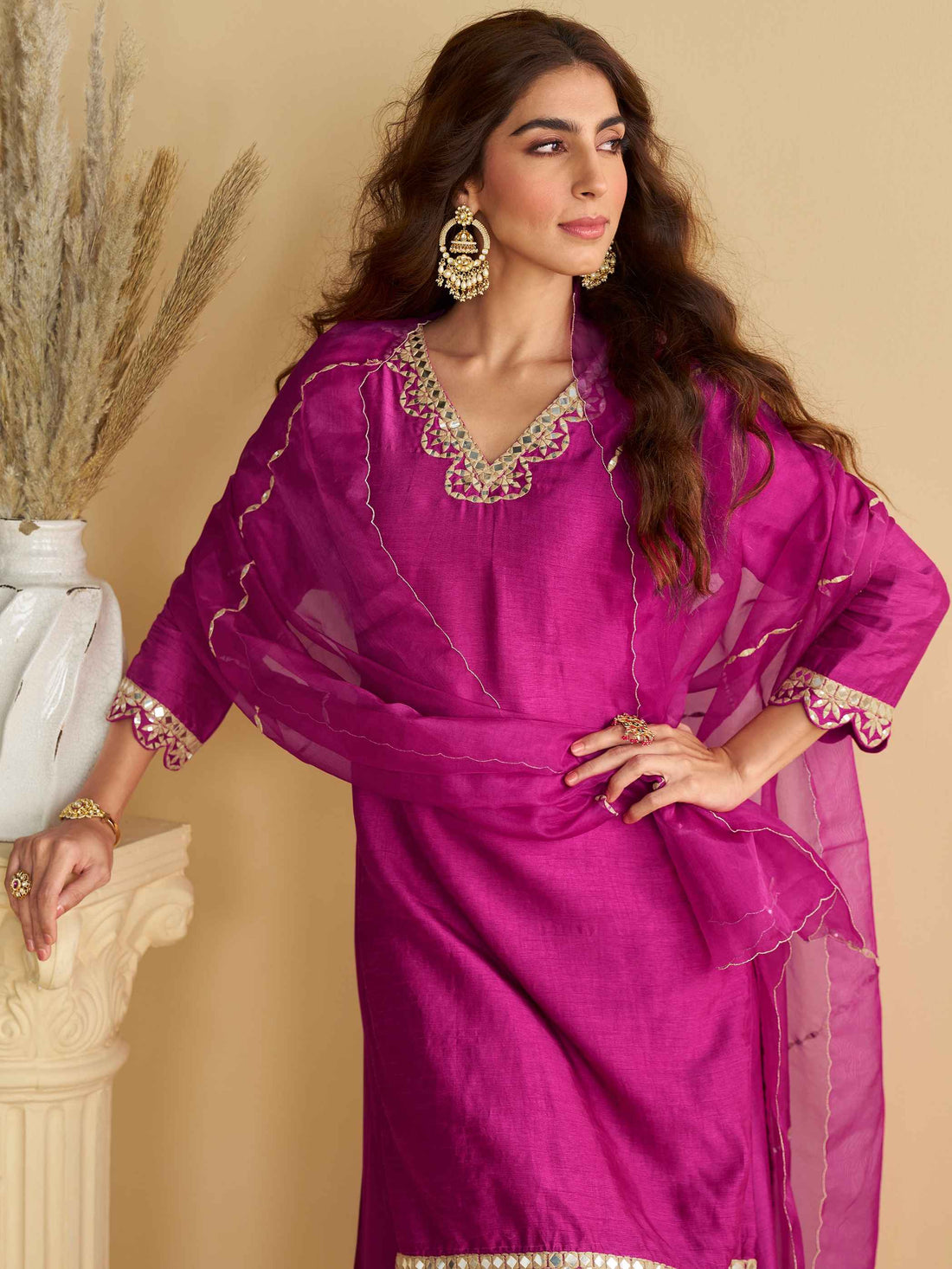 Magenta Mirror Work Palazzo Suit with Embroidered Dupatta