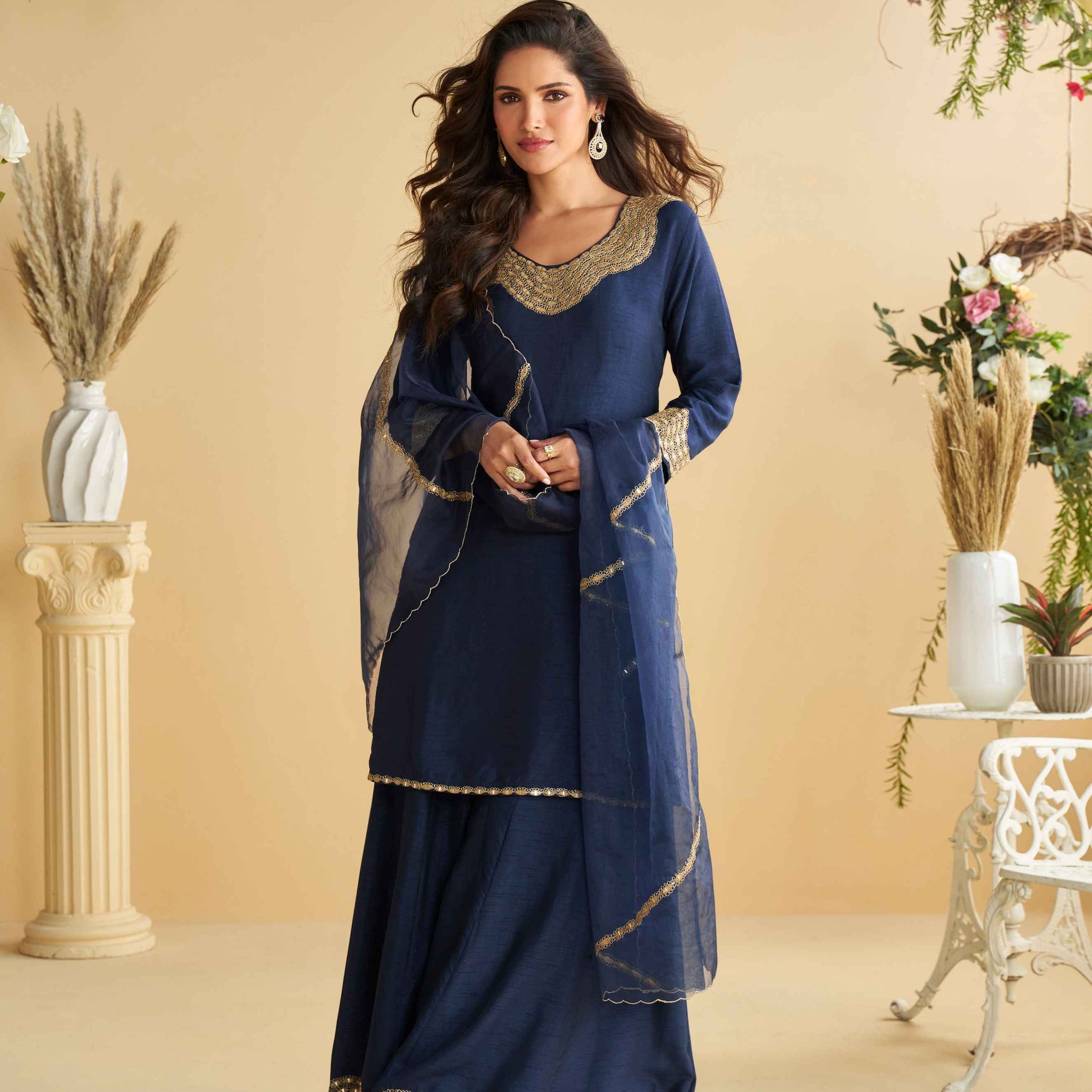 Navy Blue Premium Silk Embroidered Palazzo Suit with Dupatta