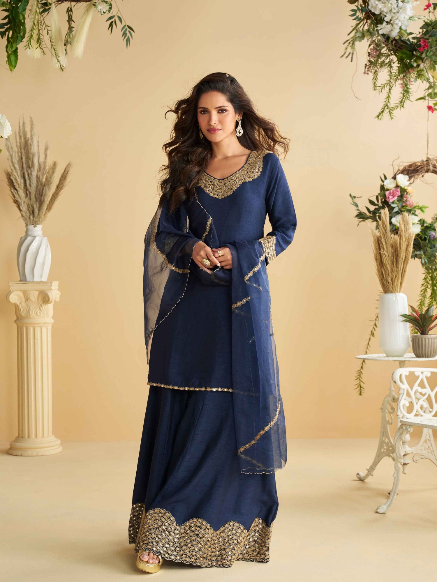 Navy Blue Premium Silk Embroidered Palazzo Suit with Dupatta Palazzo Suit Anant Tex Exports Pvt.Ltd..
