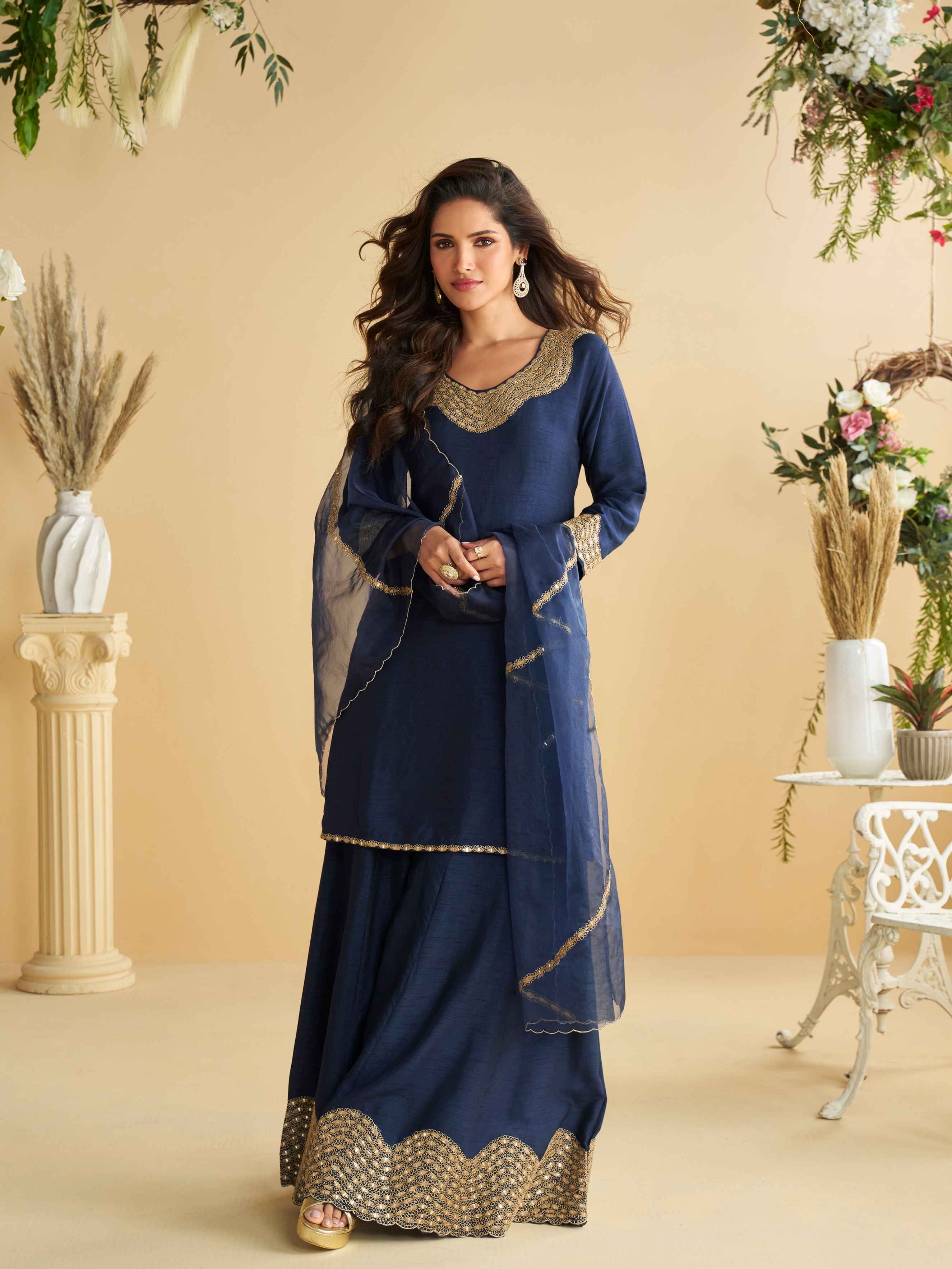 Navy Blue Premium Silk Embroidered Palazzo Suit with Dupatta