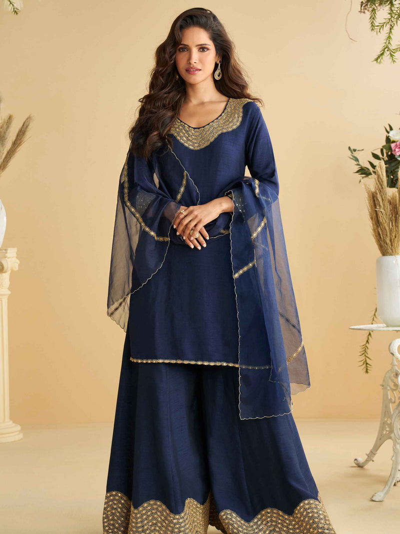Navy Blue Premium Silk Embroidered Palazzo Suit with Dupatta