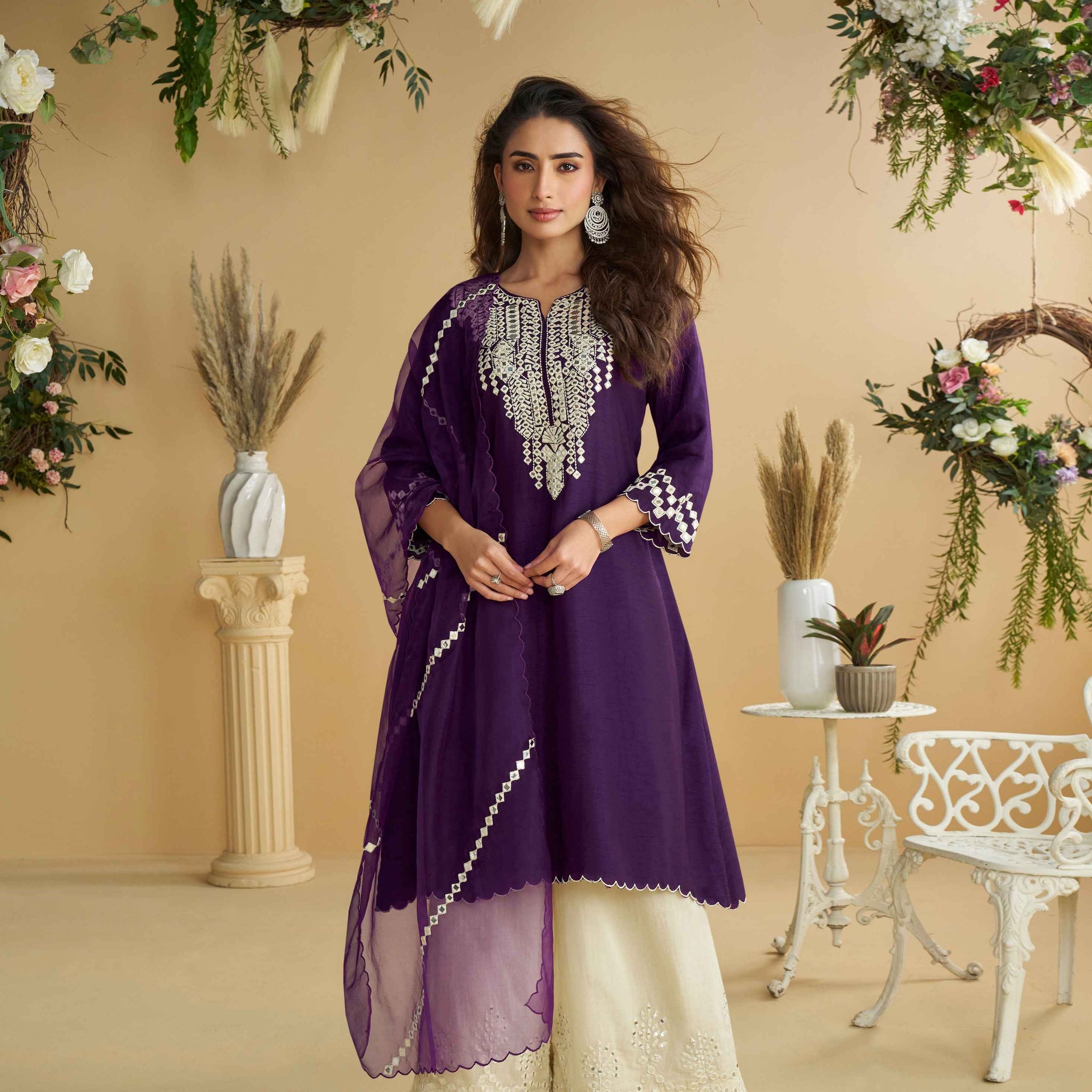 Purple Embroidered Silk Palazzo Suit with Mirror Work