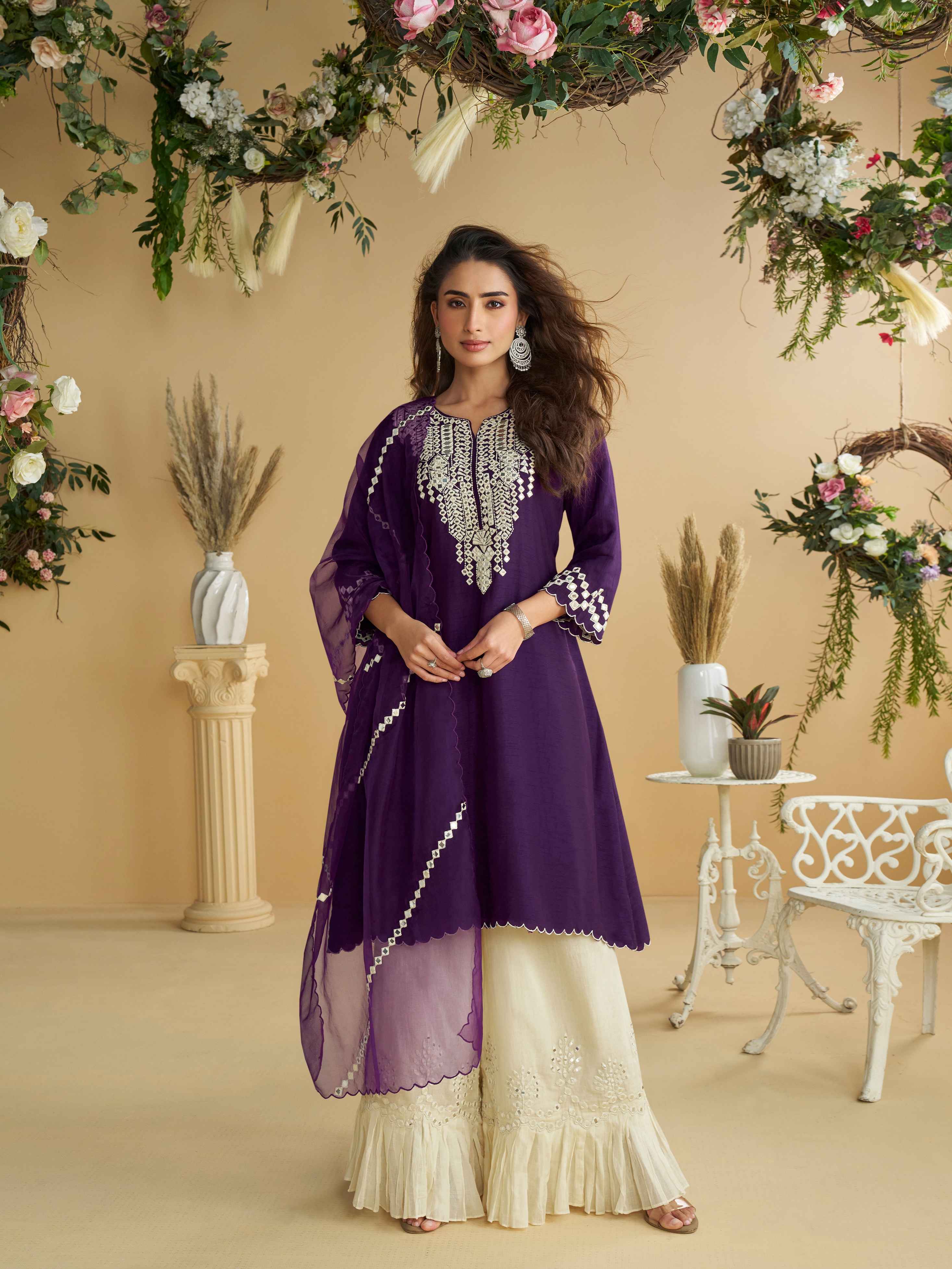 Purple Embroidered Silk Palazzo Suit with Mirror Work