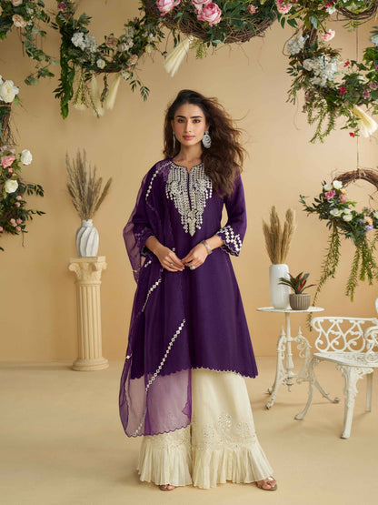 Purple Embroidered Silk Palazzo Suit with Mirror Work Palazzo Suit Anant Tex Exports Pvt.Ltd..