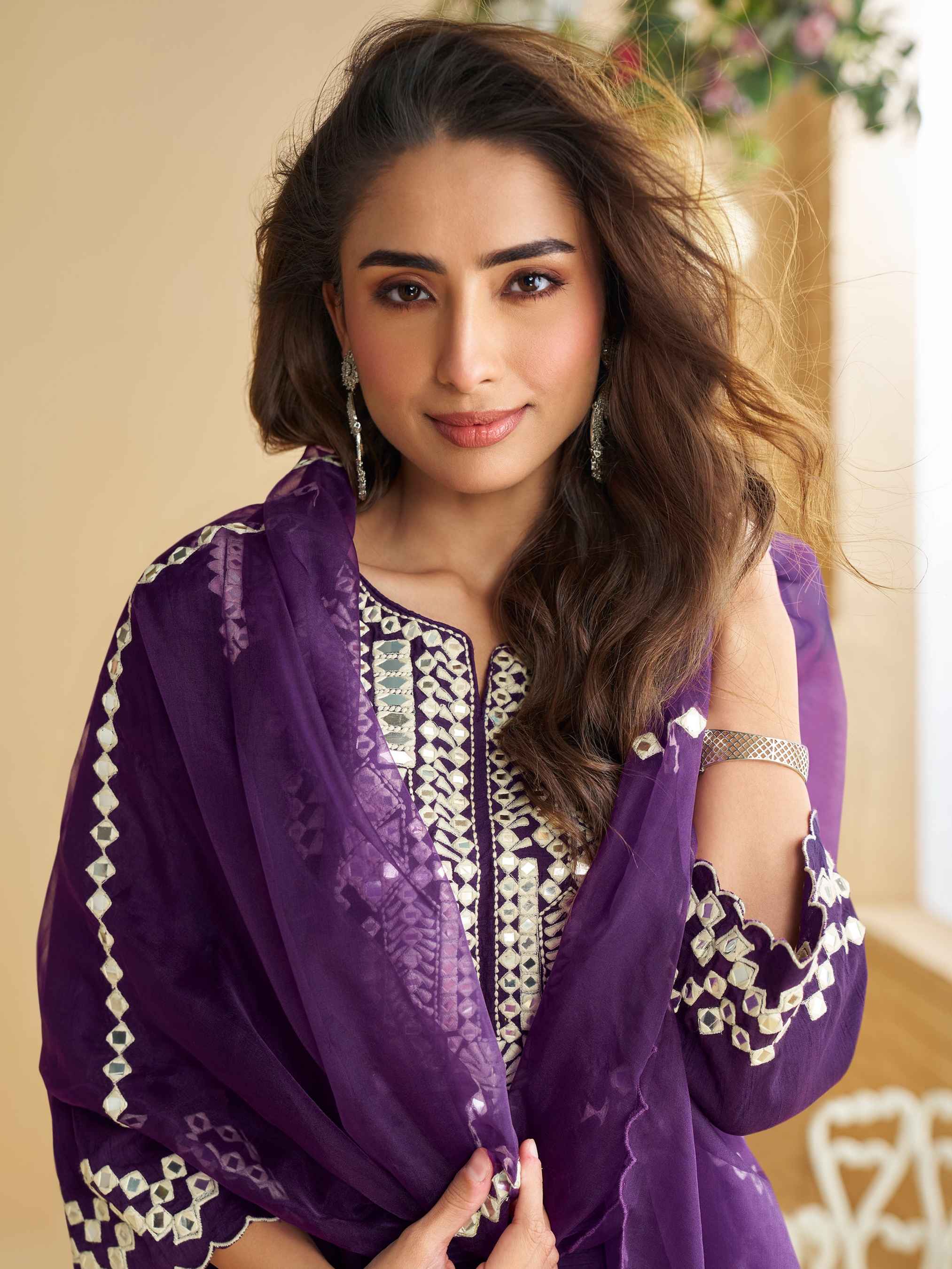 Purple Embroidered Silk Palazzo Suit with Mirror Work