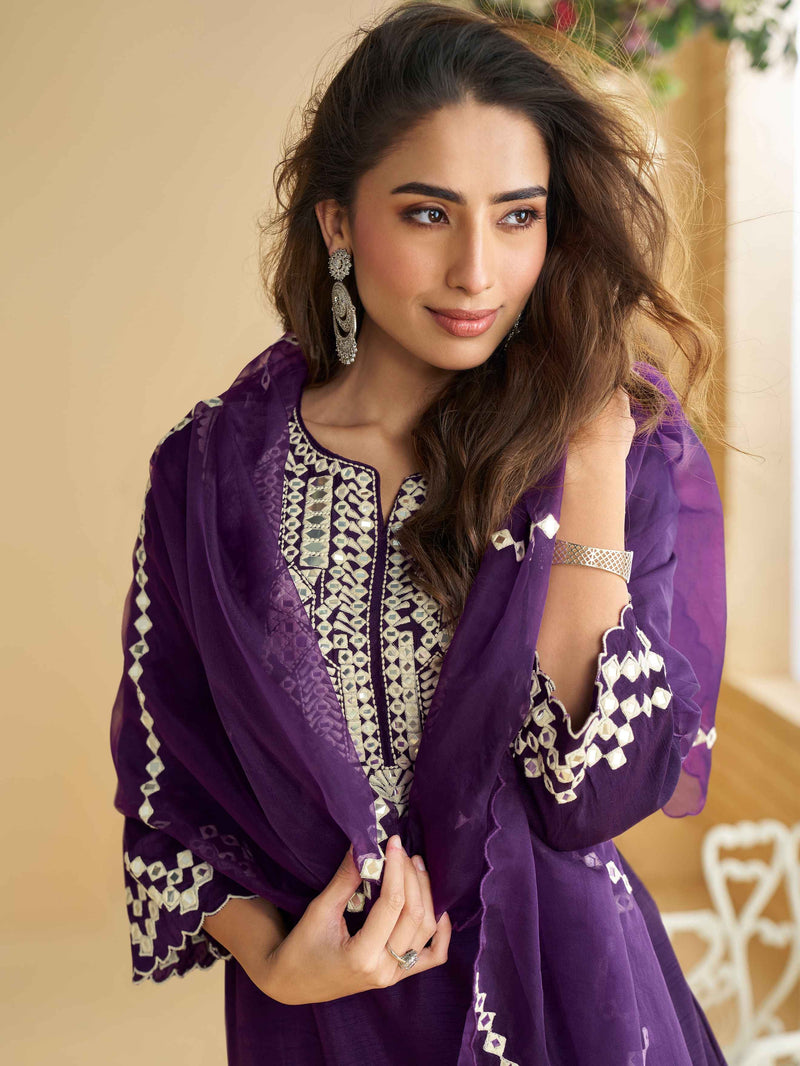 Purple Embroidered Silk Palazzo Suit with Mirror Work